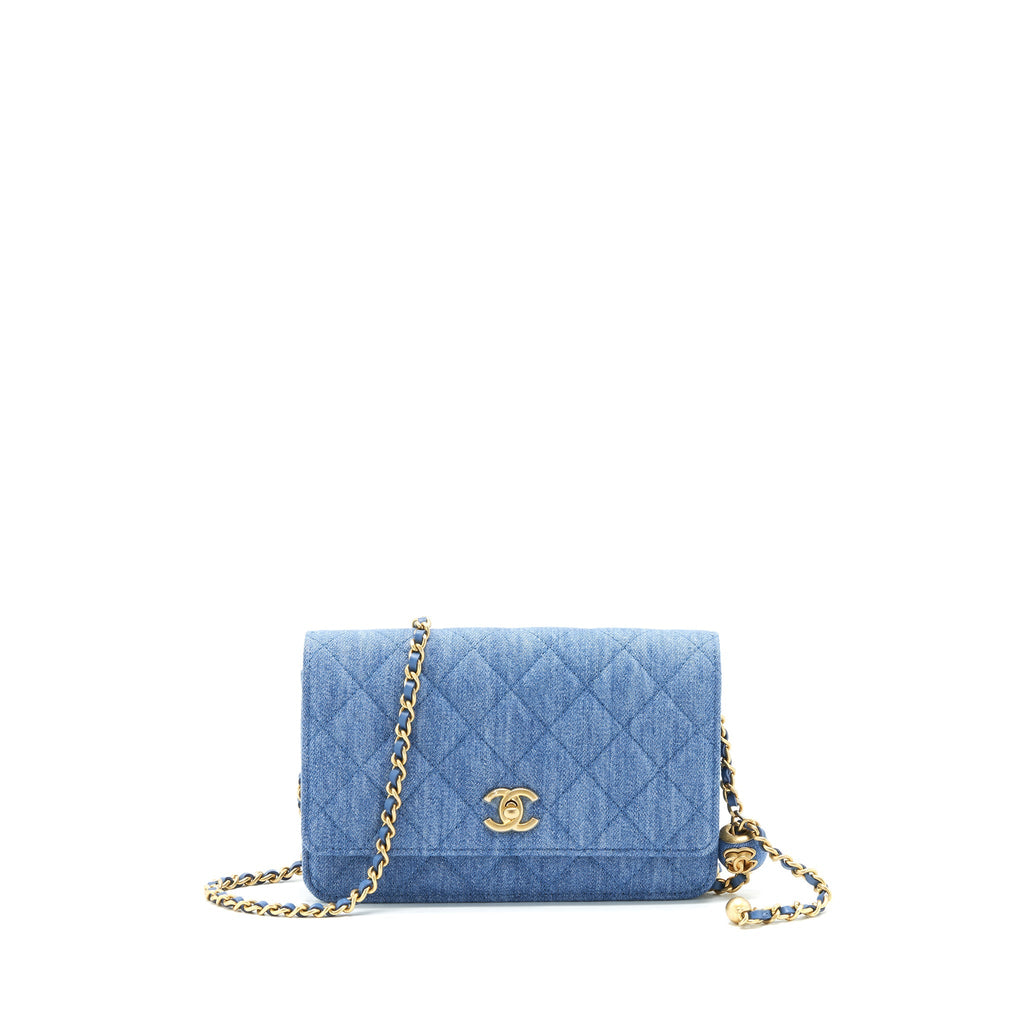 CHANEL 22C PEARL CRUSH WALLET ON CHAIN DENIM GHW