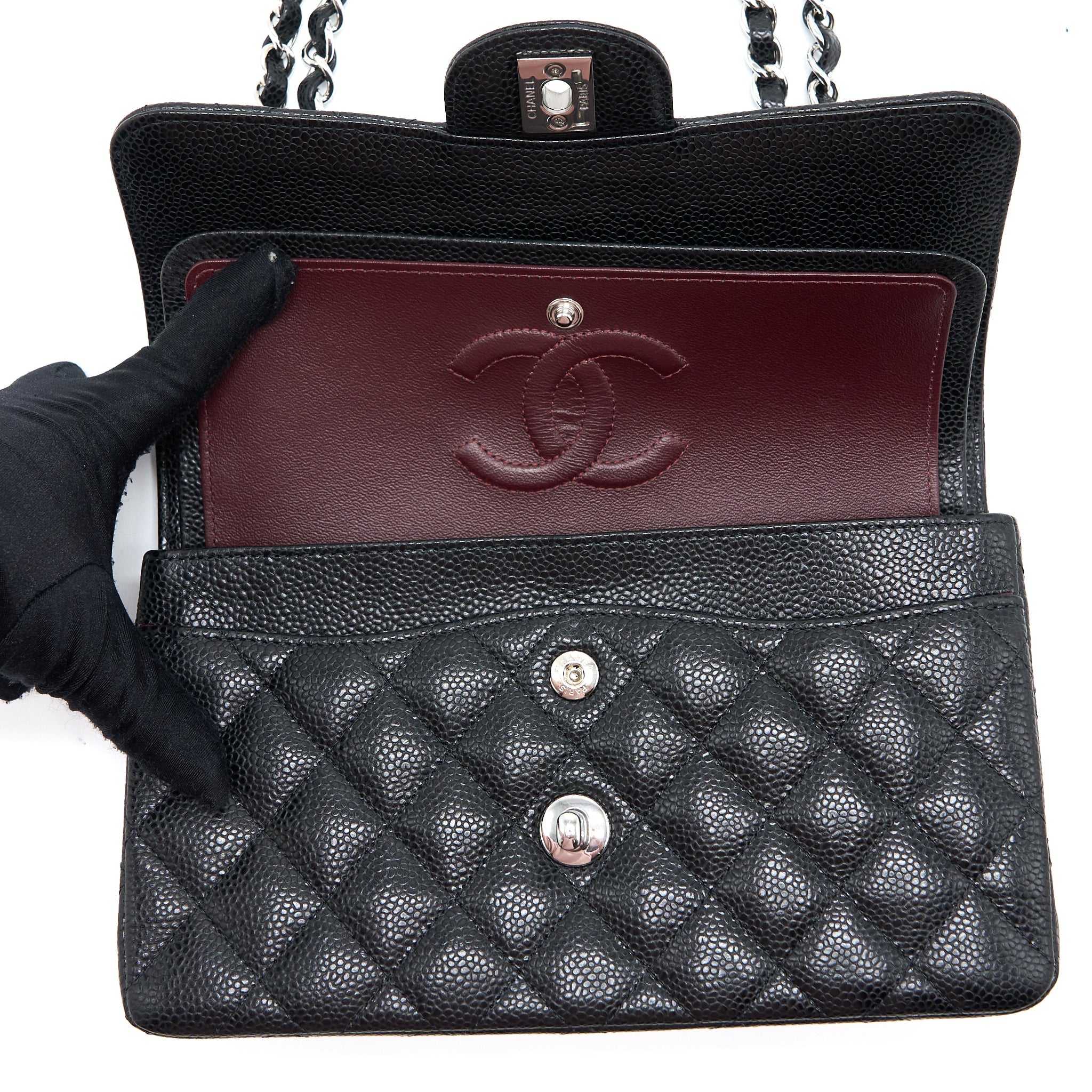 CHANEL SMALL CLASSIC DOUBLE FLAP BAG CAVIAR BLACK SHW (MICROCHIP)