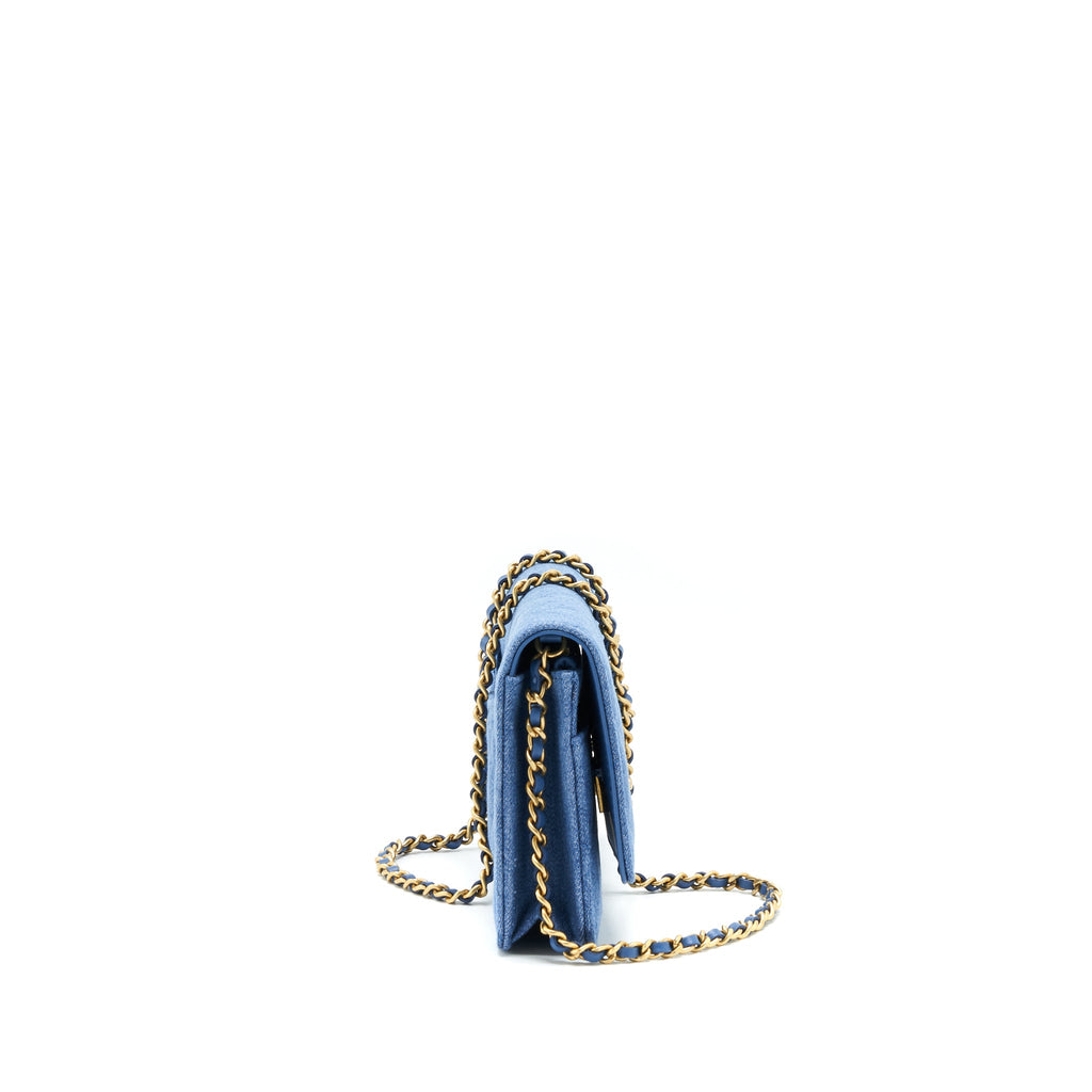 CHANEL 22C PEARL CRUSH WALLET ON CHAIN DENIM GHW