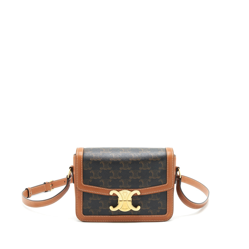 CELINE TEEN TRIOMPHE BAG IN TRIOMPHE CANVAS AND CALFSKIN TAN