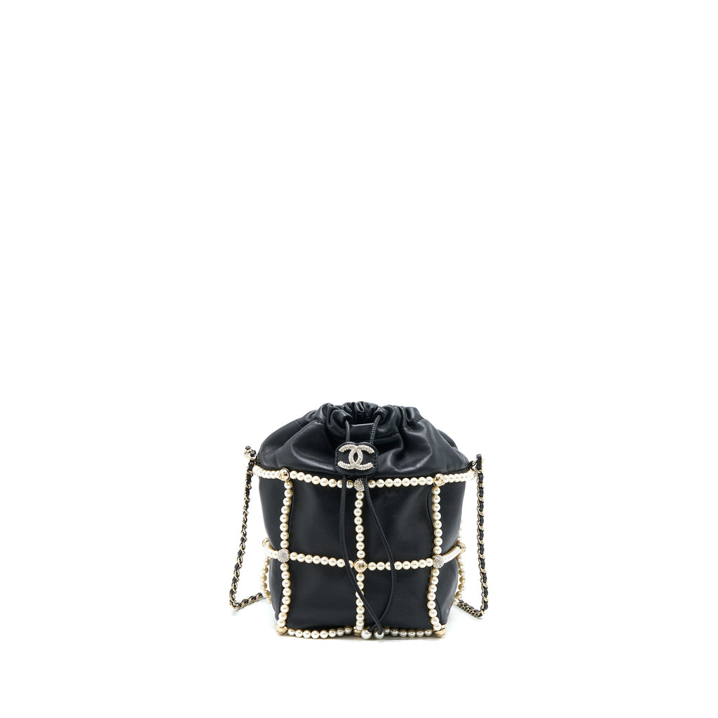 CHANEL BUCKET CRYSTAL CC LOGO PEARL CHAIN BAG LAMBSKIN BLACK SHW