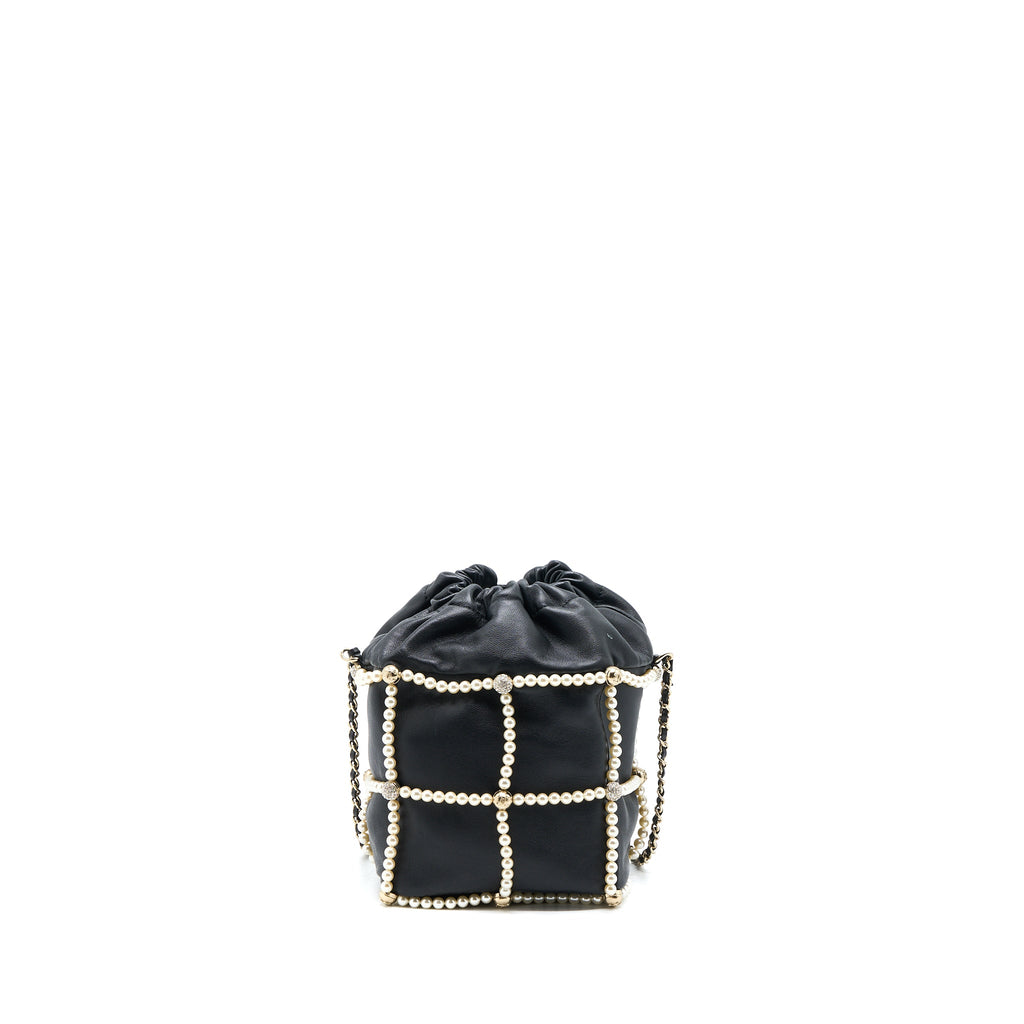 CHANEL BUCKET CRYSTAL CC LOGO PEARL CHAIN BAG LAMBSKIN BLACK SHW
