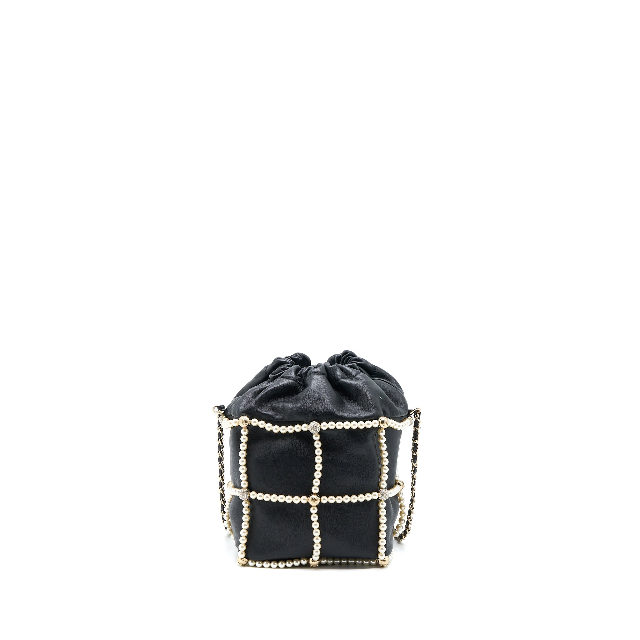 CHANEL BUCKET CRYSTAL CC LOGO PEARL CHAIN BAG LAMBSKIN BLACK SHW