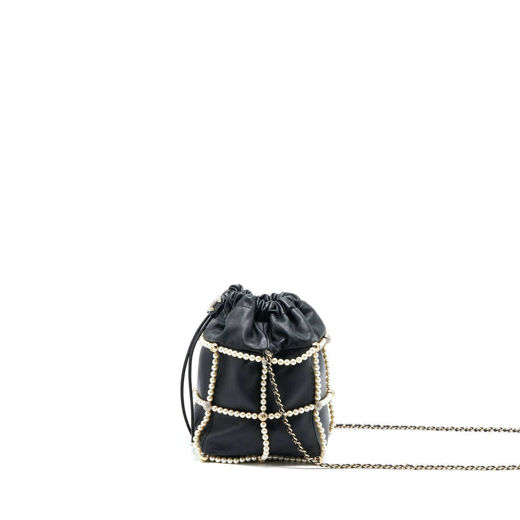 CHANEL BUCKET CRYSTAL CC LOGO PEARL CHAIN BAG LAMBSKIN BLACK SHW