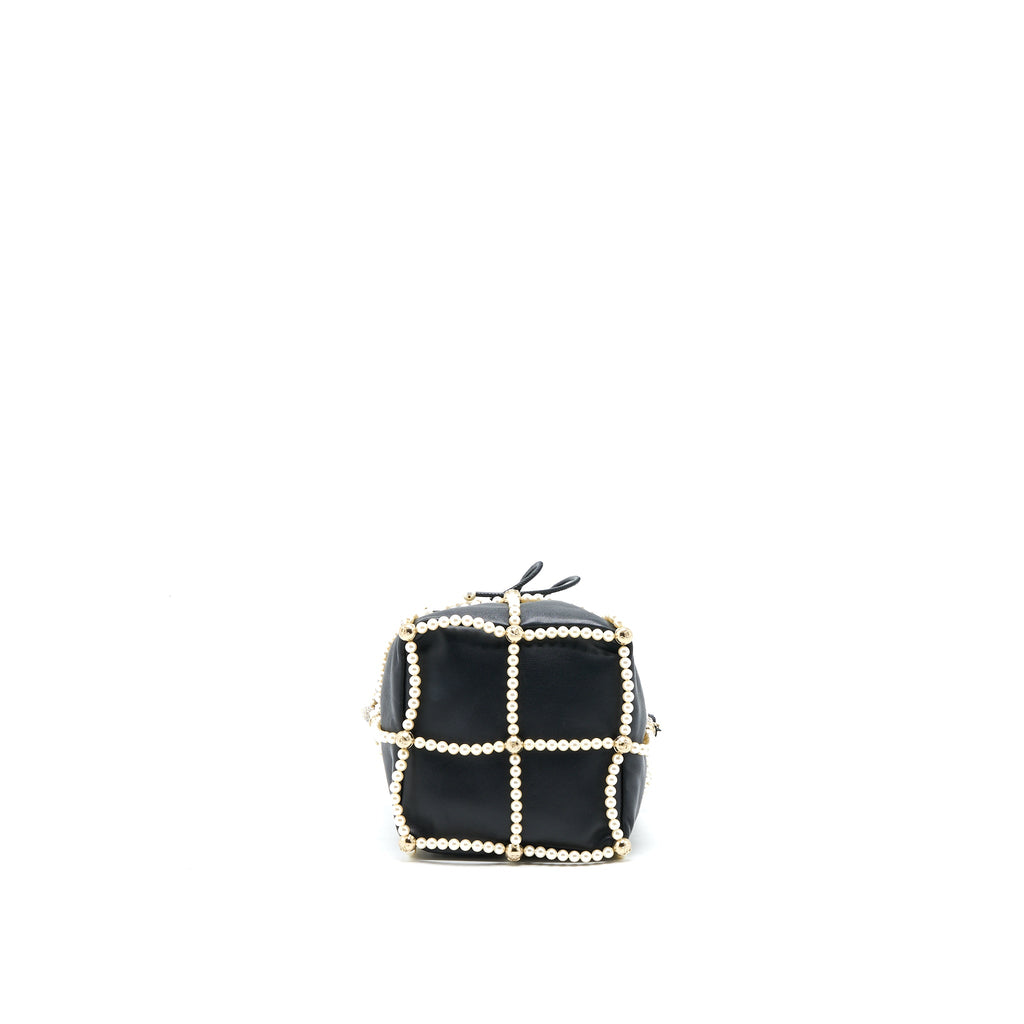 CHANEL BUCKET CRYSTAL CC LOGO PEARL CHAIN BAG LAMBSKIN BLACK SHW