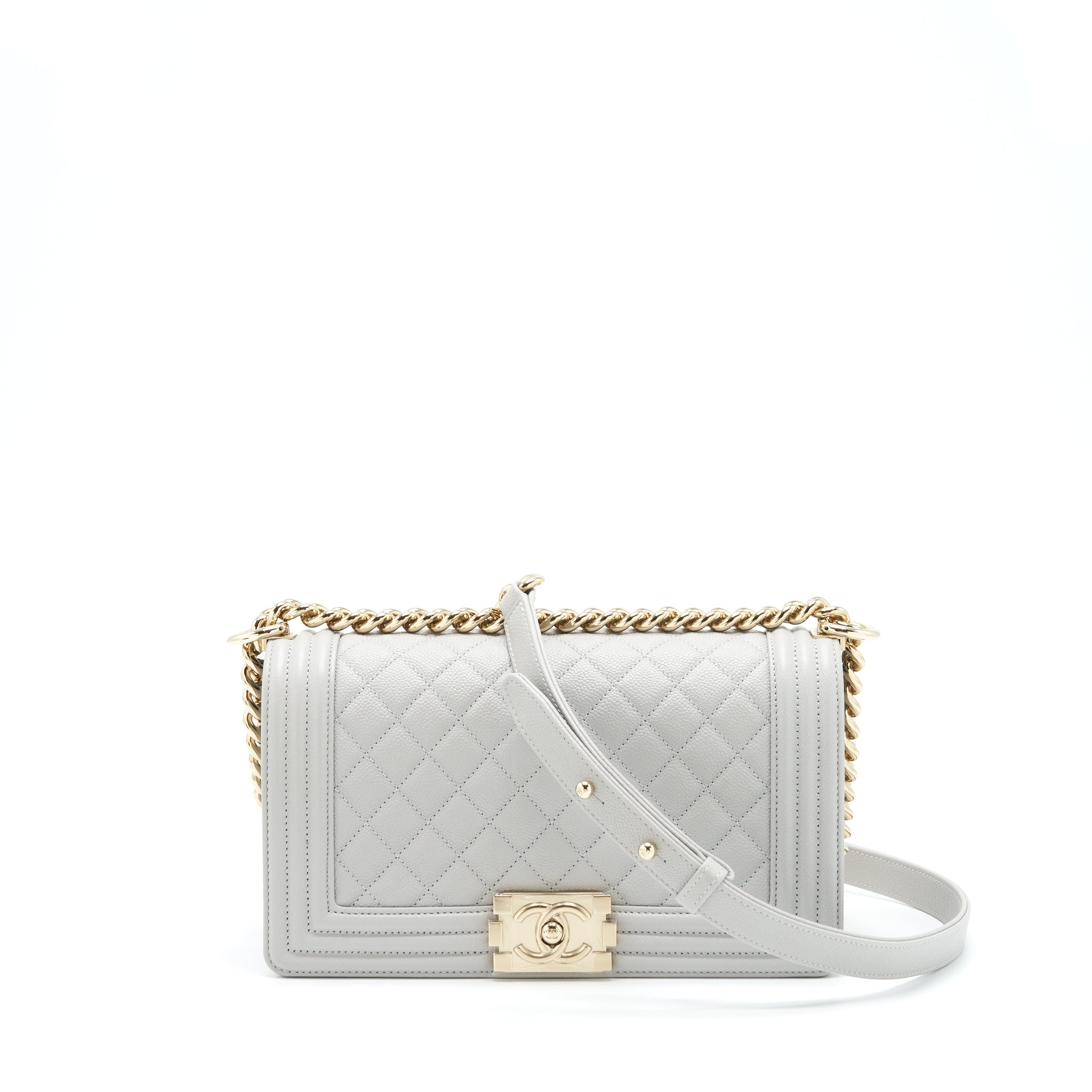 CHANEL MEDIUM BOY BAG CAVIAR LIGHT GREY SHW (MICROCHIP)