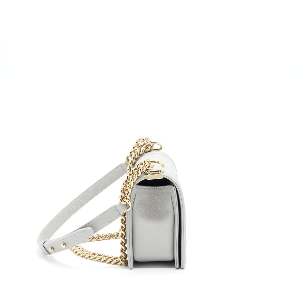 CHANEL MEDIUM BOY BAG CAVIAR LIGHT GREY SHW (MICROCHIP)