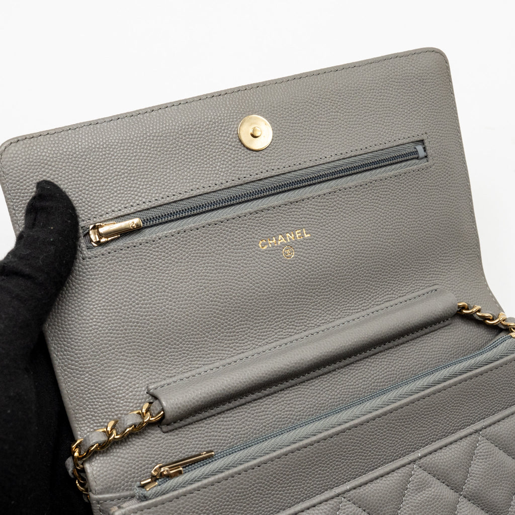 CHANEL CLASSIC WALLET ON CHAIN CAVIAR GREY LGHW (MICROCHIP)