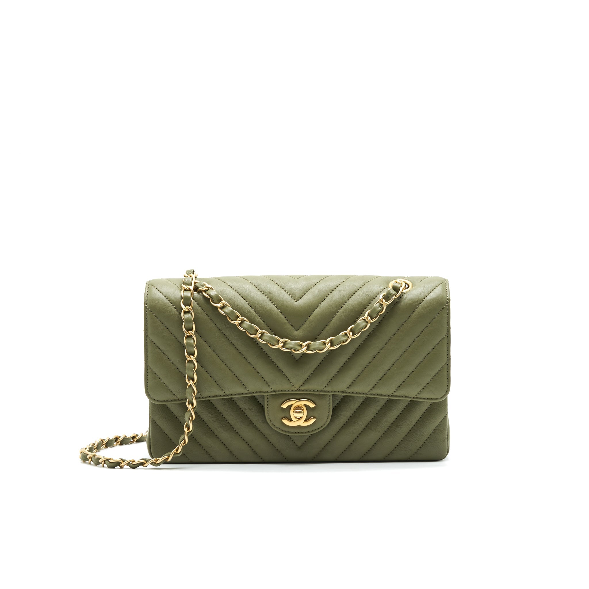 CHANEL CHEVRON MEDIUM CLASSIC DOUBLE FLAP BAG OLIVE-GREEN GHW