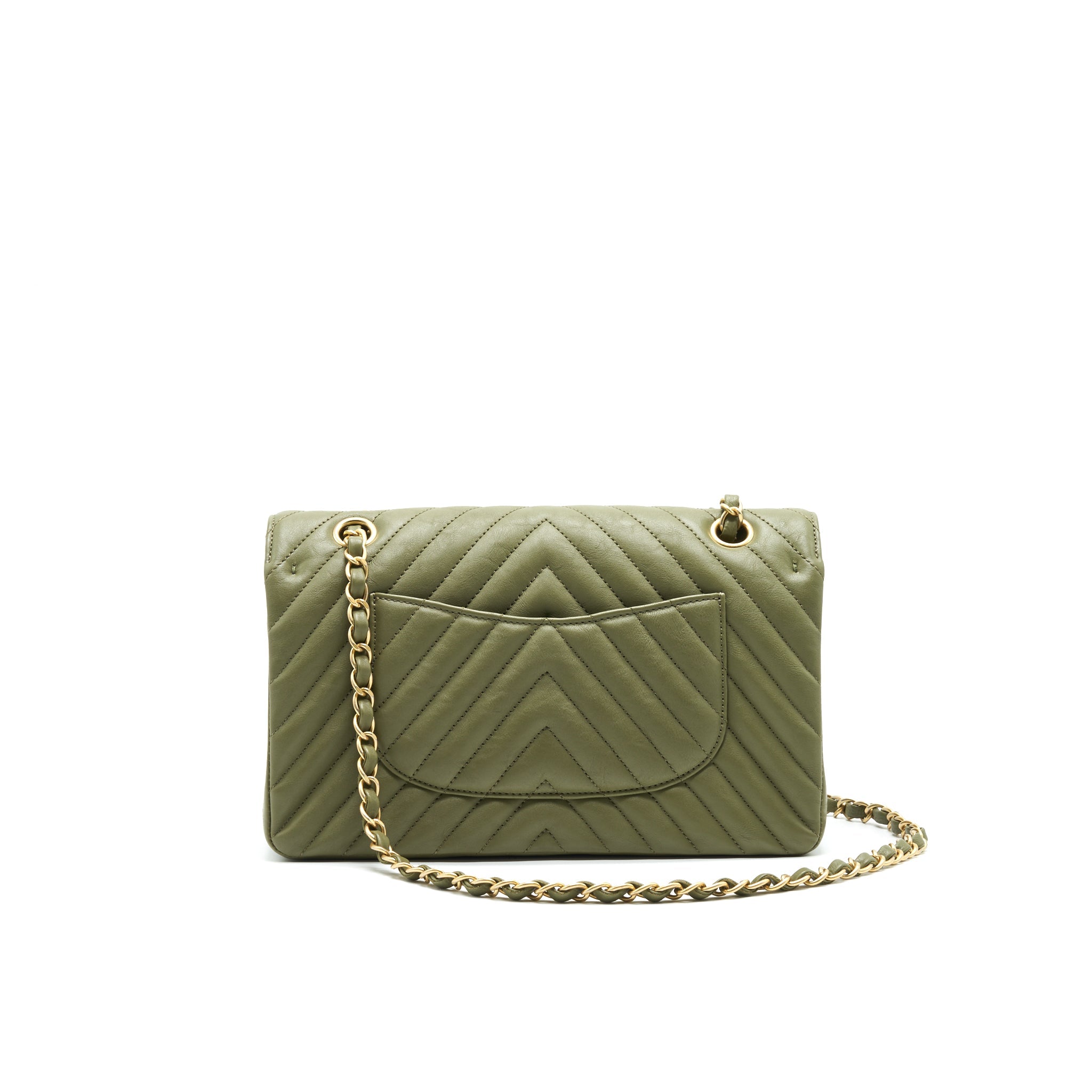 CHANEL CHEVRON MEDIUM CLASSIC DOUBLE FLAP BAG OLIVE-GREEN GHW