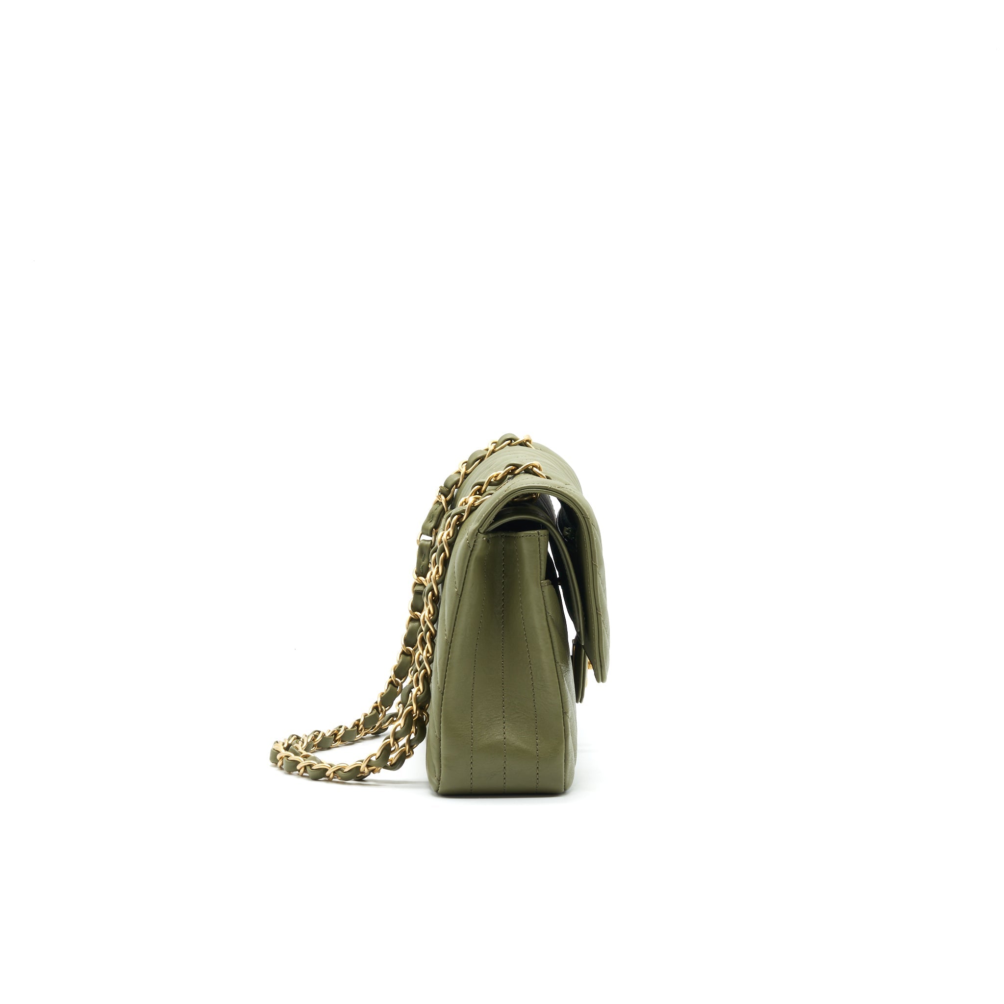 CHANEL CHEVRON MEDIUM CLASSIC DOUBLE FLAP BAG OLIVE-GREEN GHW