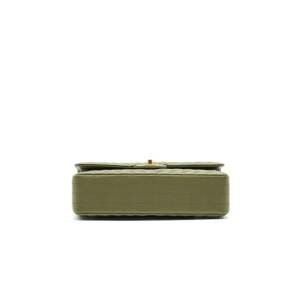 CHANEL CHEVRON MEDIUM CLASSIC DOUBLE FLAP BAG OLIVE-GREEN GHW