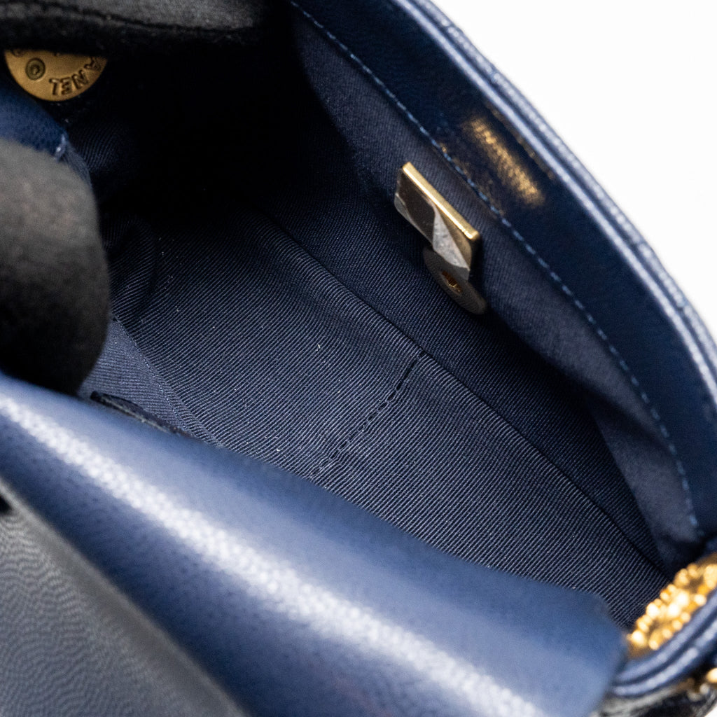CHANEL 22A BUTTON ON CHAIN MINI SQUARE FLAP BAG CAVIAR NAVY GHW (MICROCHIP)