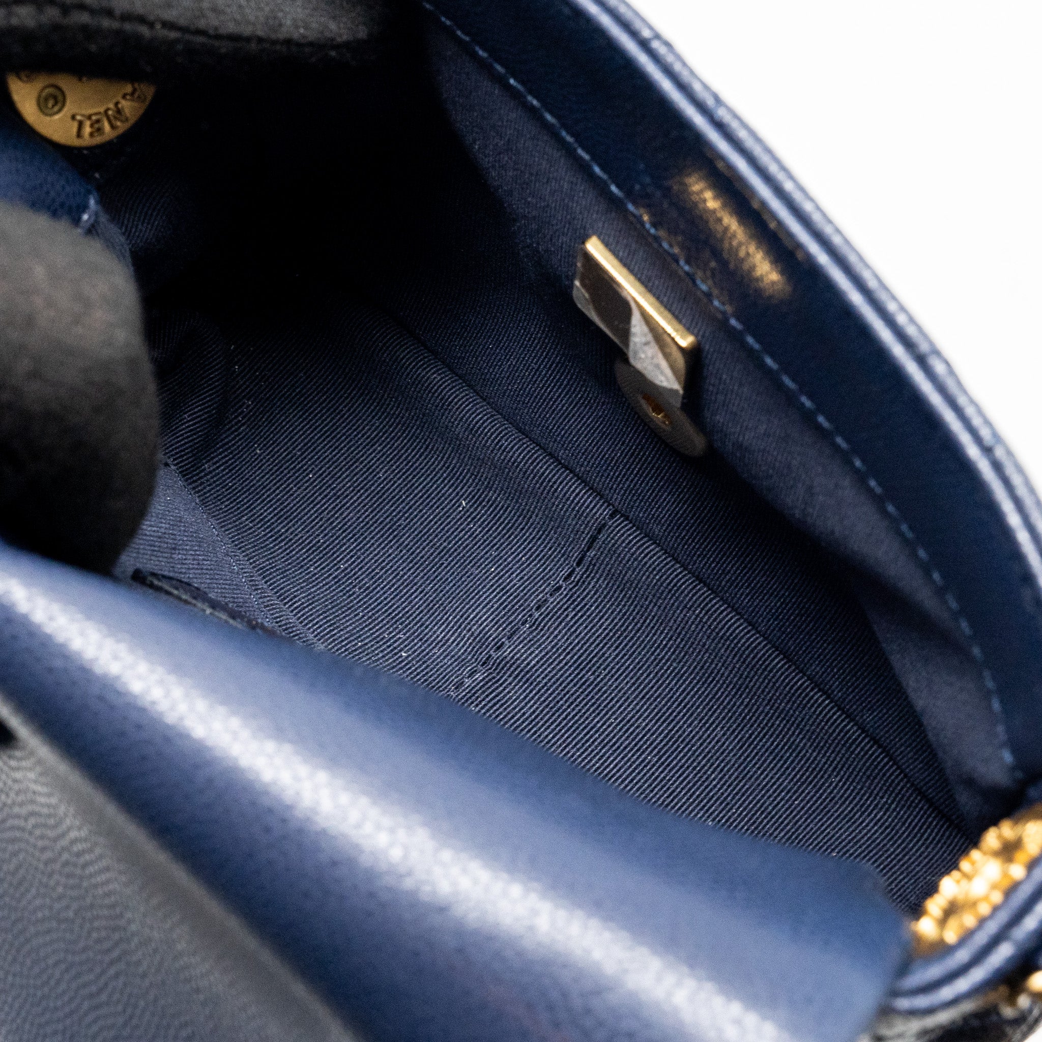 CHANEL 22A BUTTON ON CHAIN MINI SQUARE FLAP BAG CAVIAR NAVY GHW (MICROCHIP)