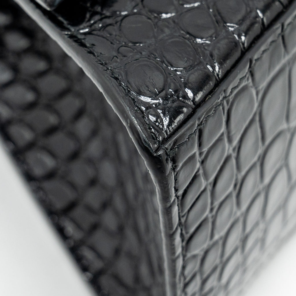 BALENCIAGA HOURGLASS S CROC-EMBOSSED CALFSKIN SO BLACK