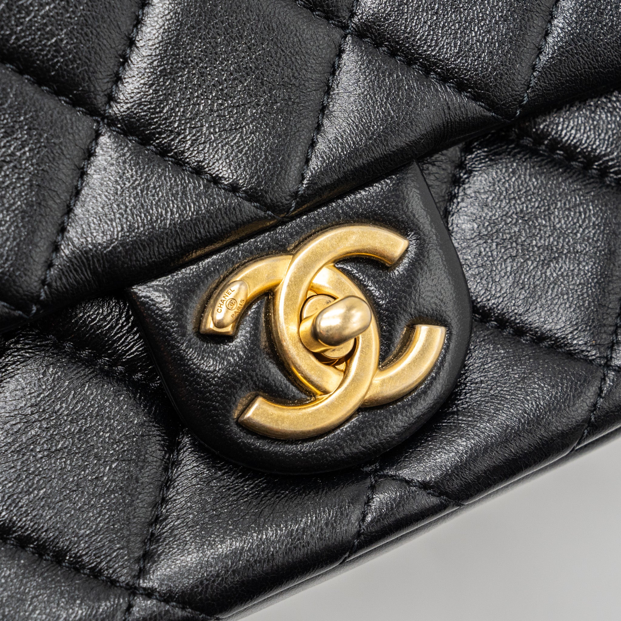 CHANEL SEASONAL MINI SQUARE FLAP BAG WITH DETAILED CHAIN STRAP CALFSKIN BLACK GHW (MICROCHIP)