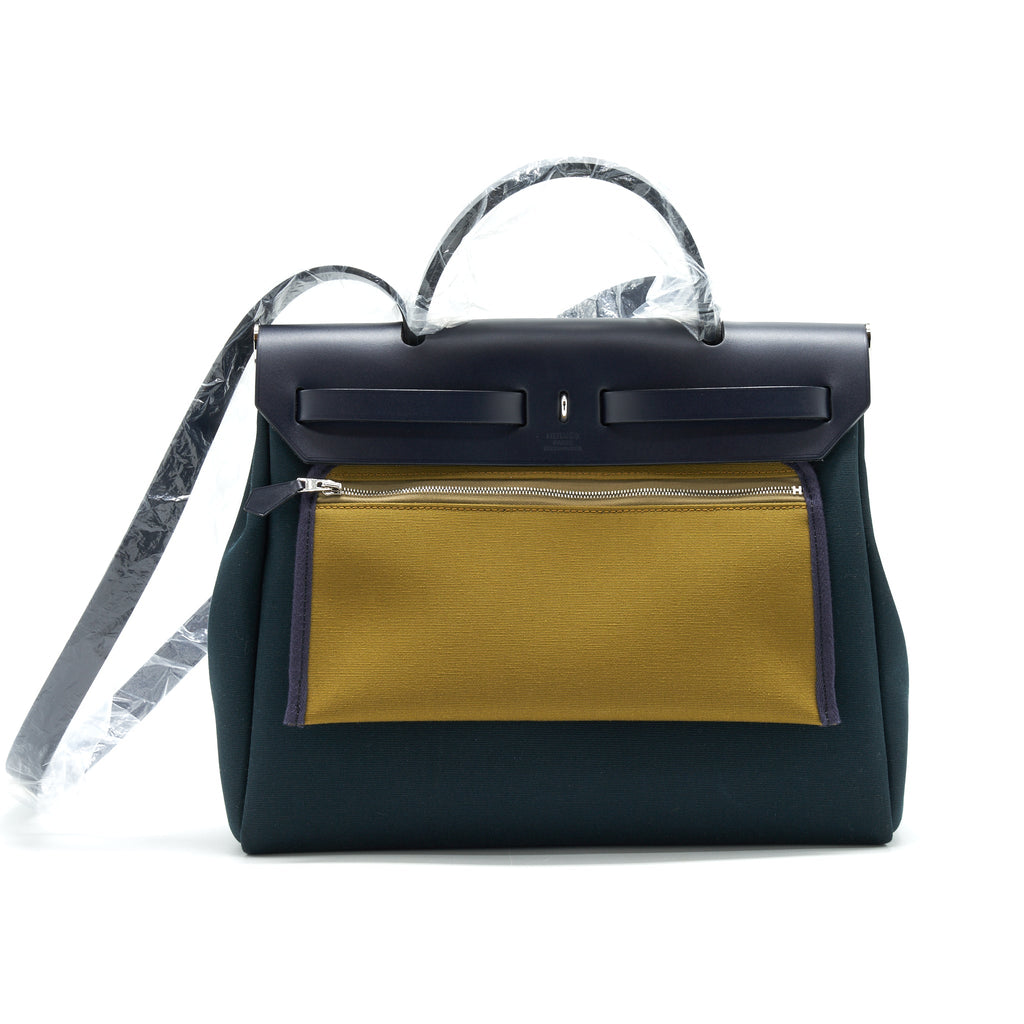 HERMES HERBAG 31 ZIP BAG VERT CYPRES/VERT OLIVE / BLUE INDIGO SHW