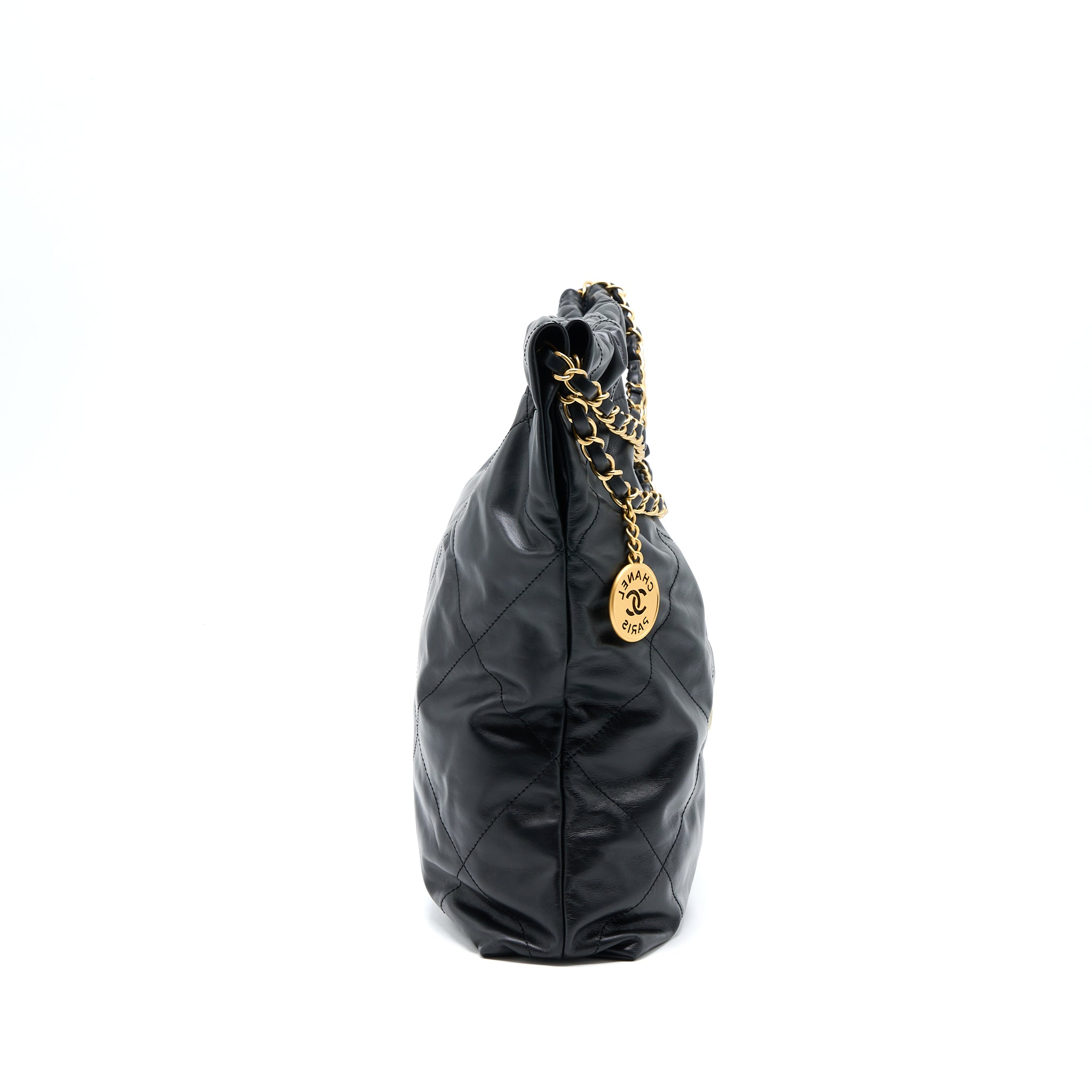 CHANEL MEDIUM 22 BAG WHITE LETTER SHINY CALFSKIN BLACK GHW (MICROCHIP)