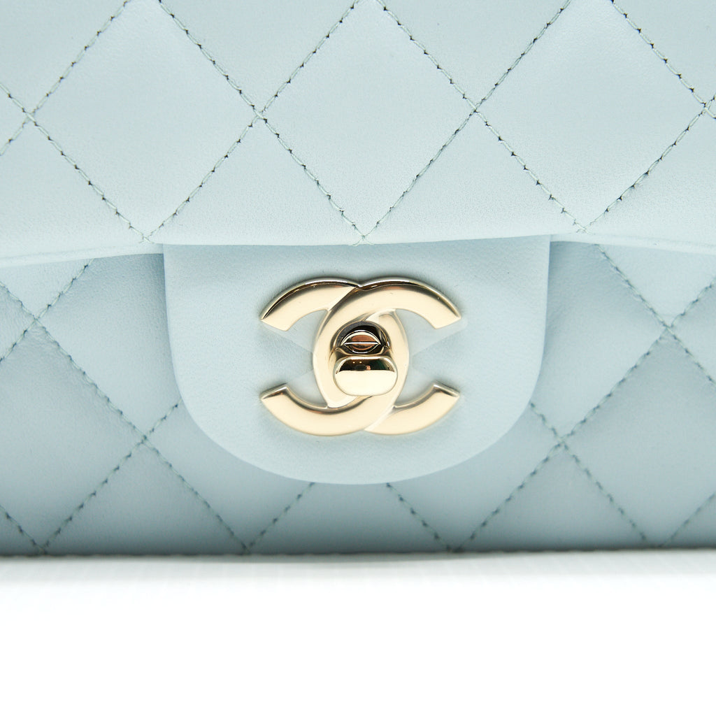 CHANEL 21K MINI TOP HANDLE RECTANGULAR FLAP BAG PASTEL BLUE LGHW