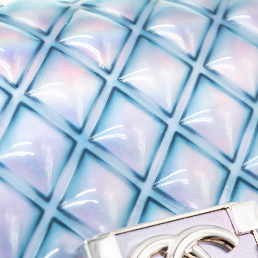 CHANEL 18S SMALL BOY BAG LIMITED PVC / PATENT CALFSKIN LEATHER IRIDESCENT LIGHT PURPLE SHW