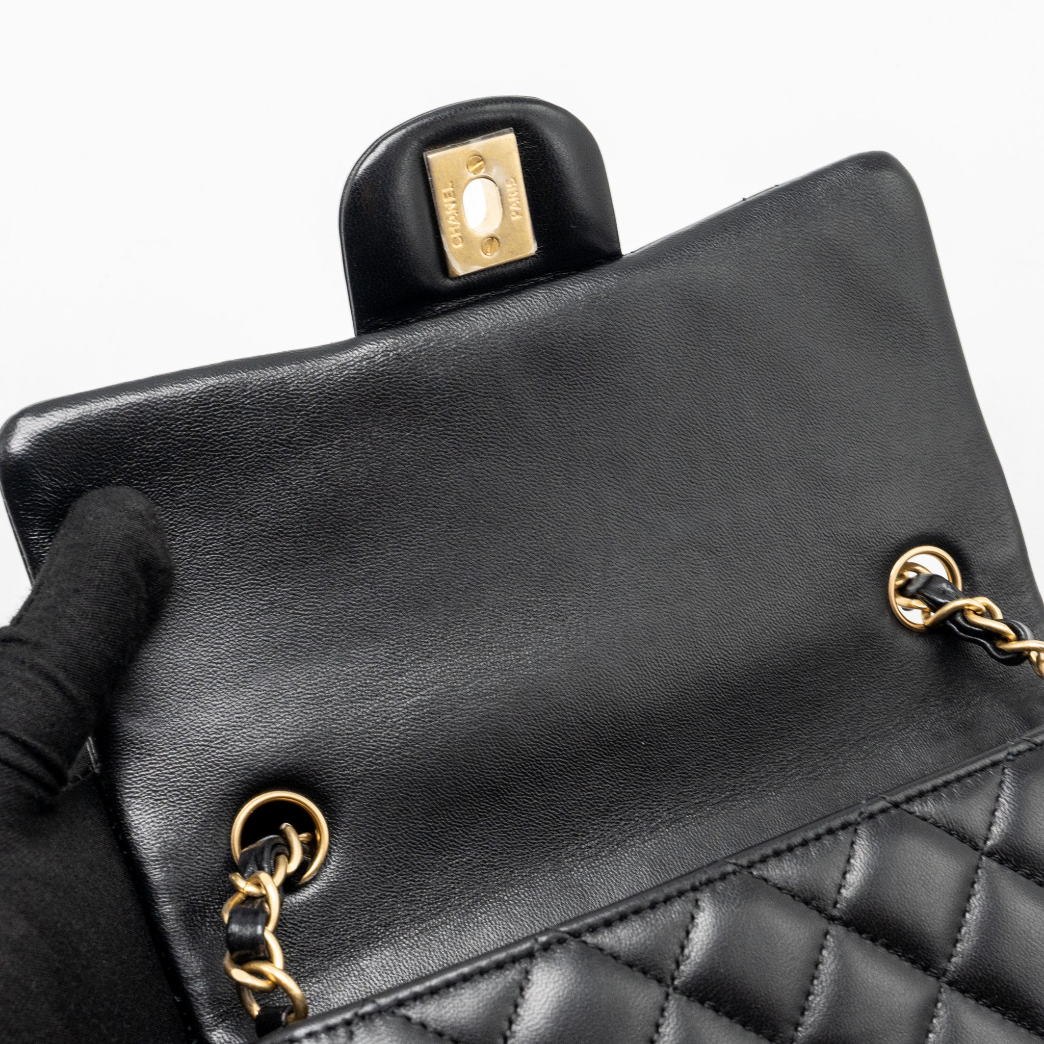 CHANEL MINI RECTANGULAR FLAP BAG CHARMS LIMITED EDITION LAMBSKIN BLACK SILVER/GOLD HARDWARE