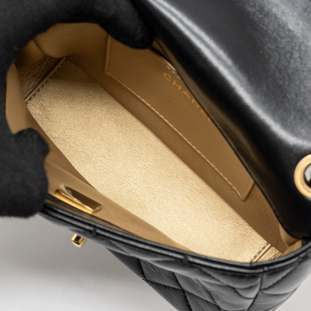 CHANEL SEASONAL MINI SQUARE FLAP BAG WITH DETAILED CHAIN STRAP CALFSKIN BLACK GHW (MICROCHIP)