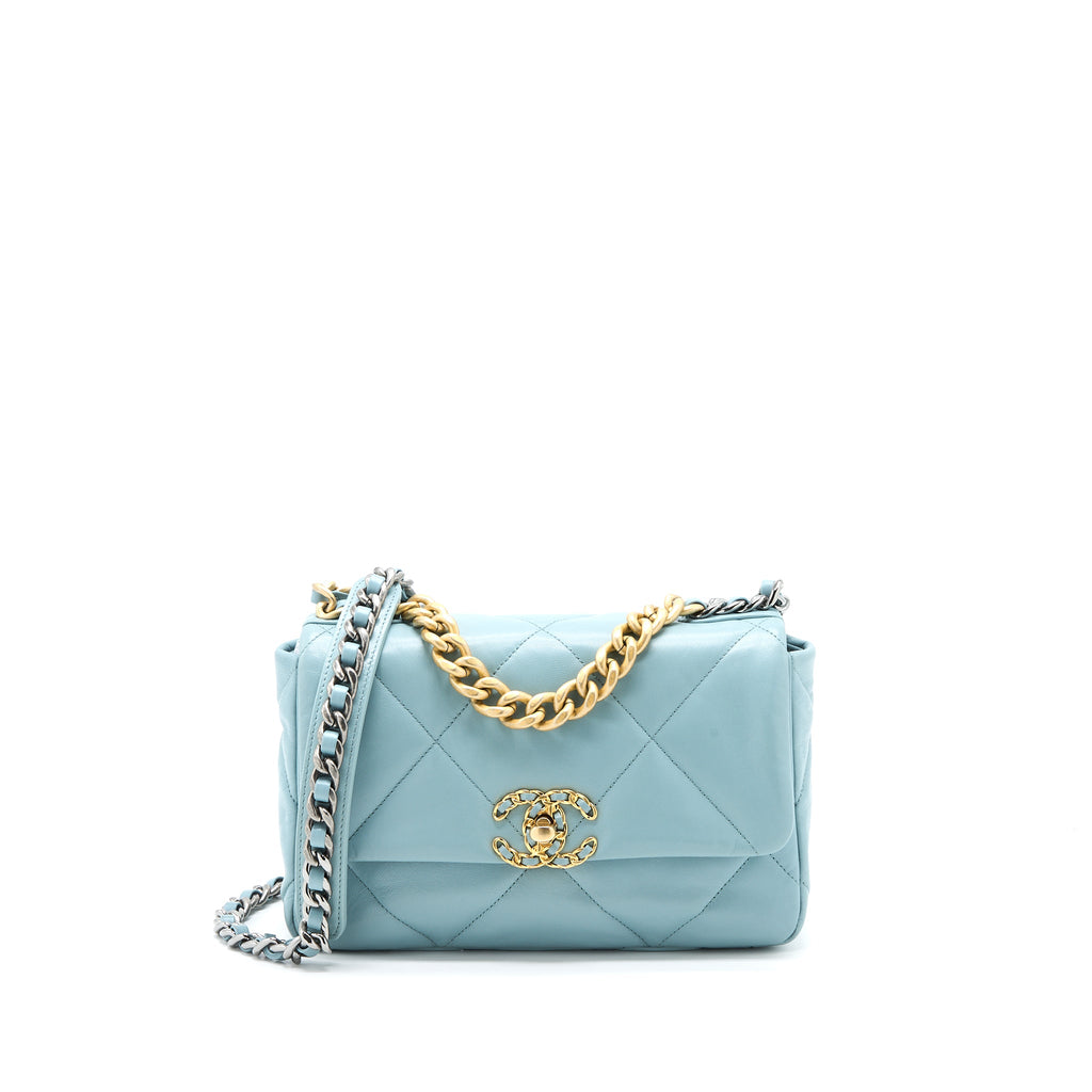 CHANEL SMALL 19 BAG LAMBSKIN LIGHT BLUE MULTICOLOUR HARDWARE