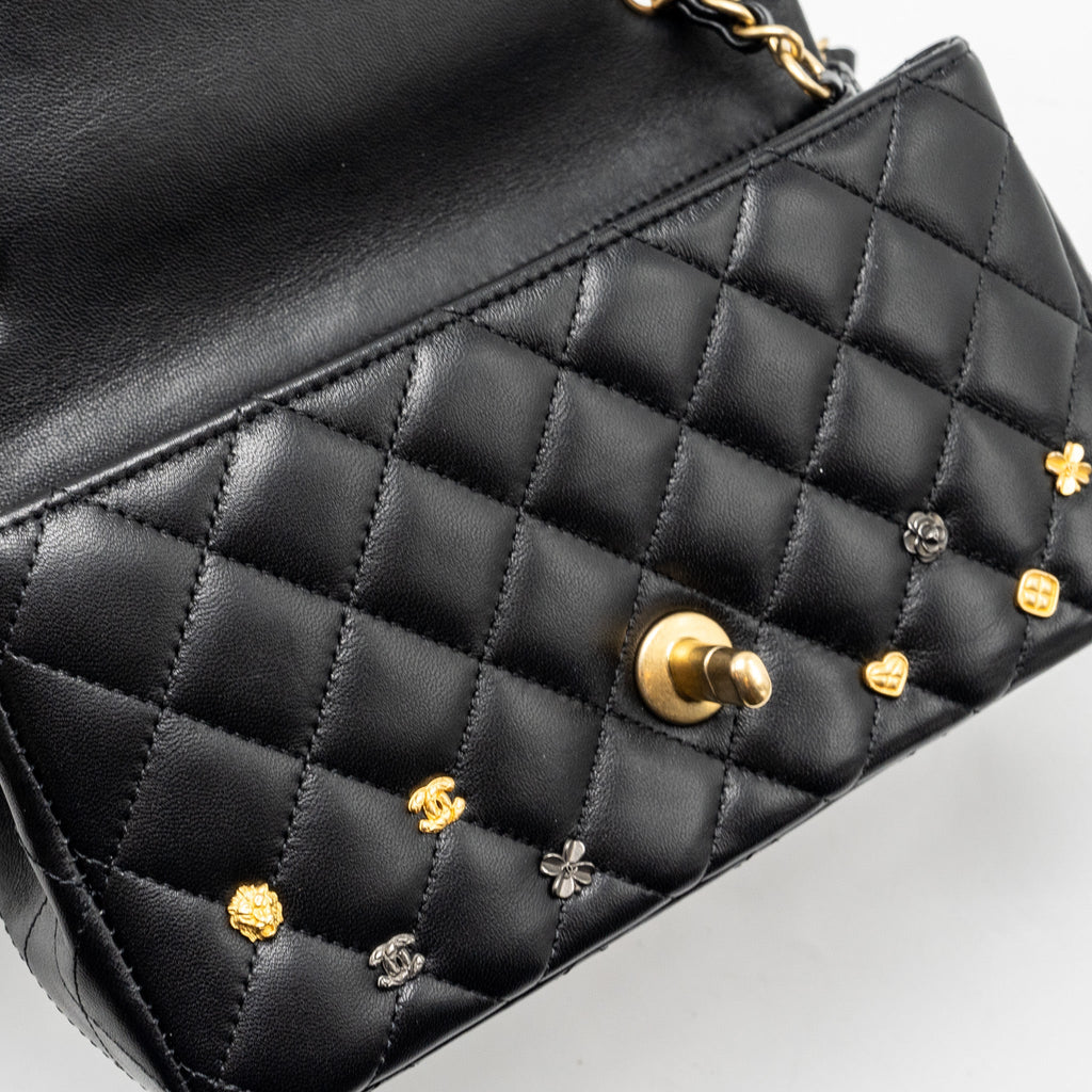 CHANEL MINI RECTANGULAR FLAP BAG CHARMS LIMITED EDITION LAMBSKIN BLACK SILVER/GOLD HARDWARE