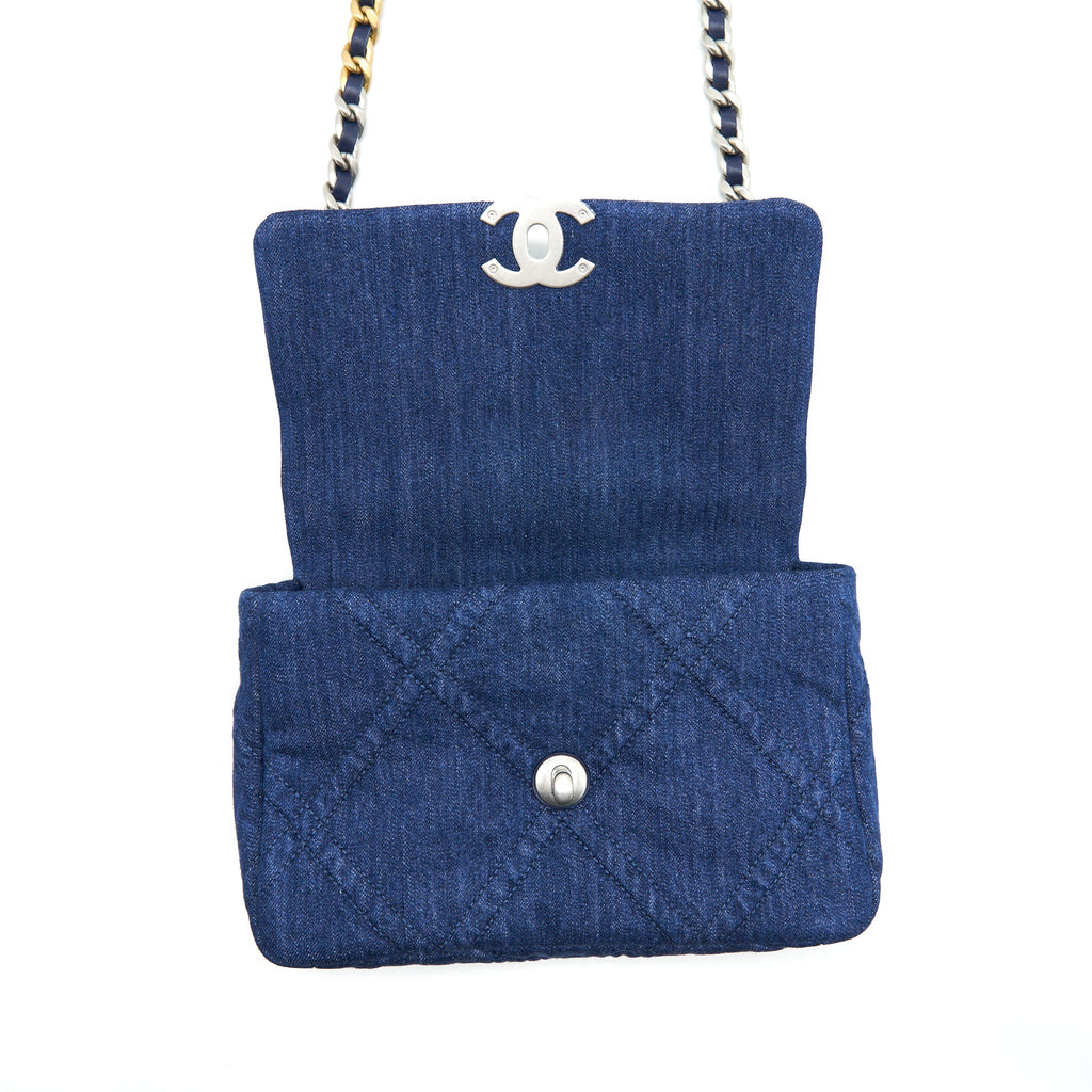 CHANEL 22P SMALL 19 BAG DENIM BLUE WITH GOLD AND SILVER HARDWARE