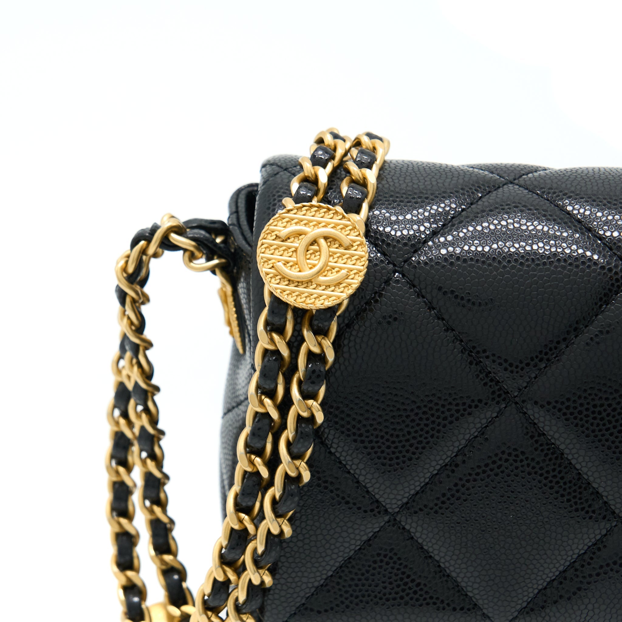 CHANEL 22A SMALL FLAP BAG CAVIAR BLACK BRUSHED GOLD HARDWARE(MICROCHIP)
