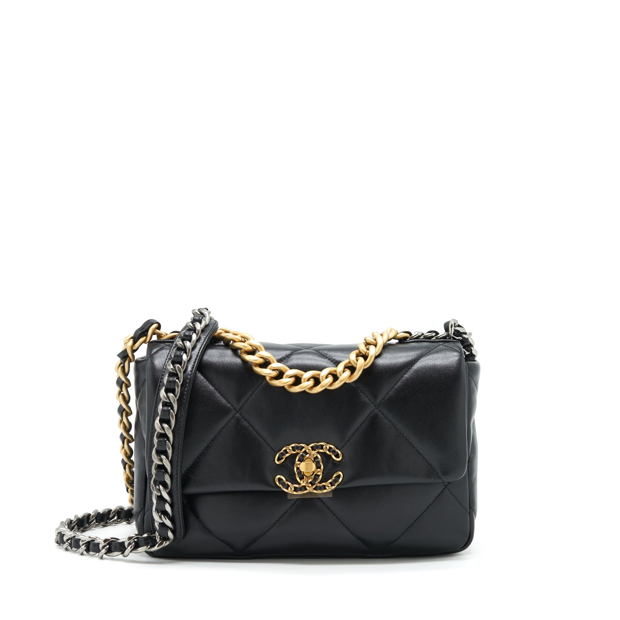 CHANEL SMALL 19 BAG LAMBSKIN BLACK GHW (MICROCHIP)