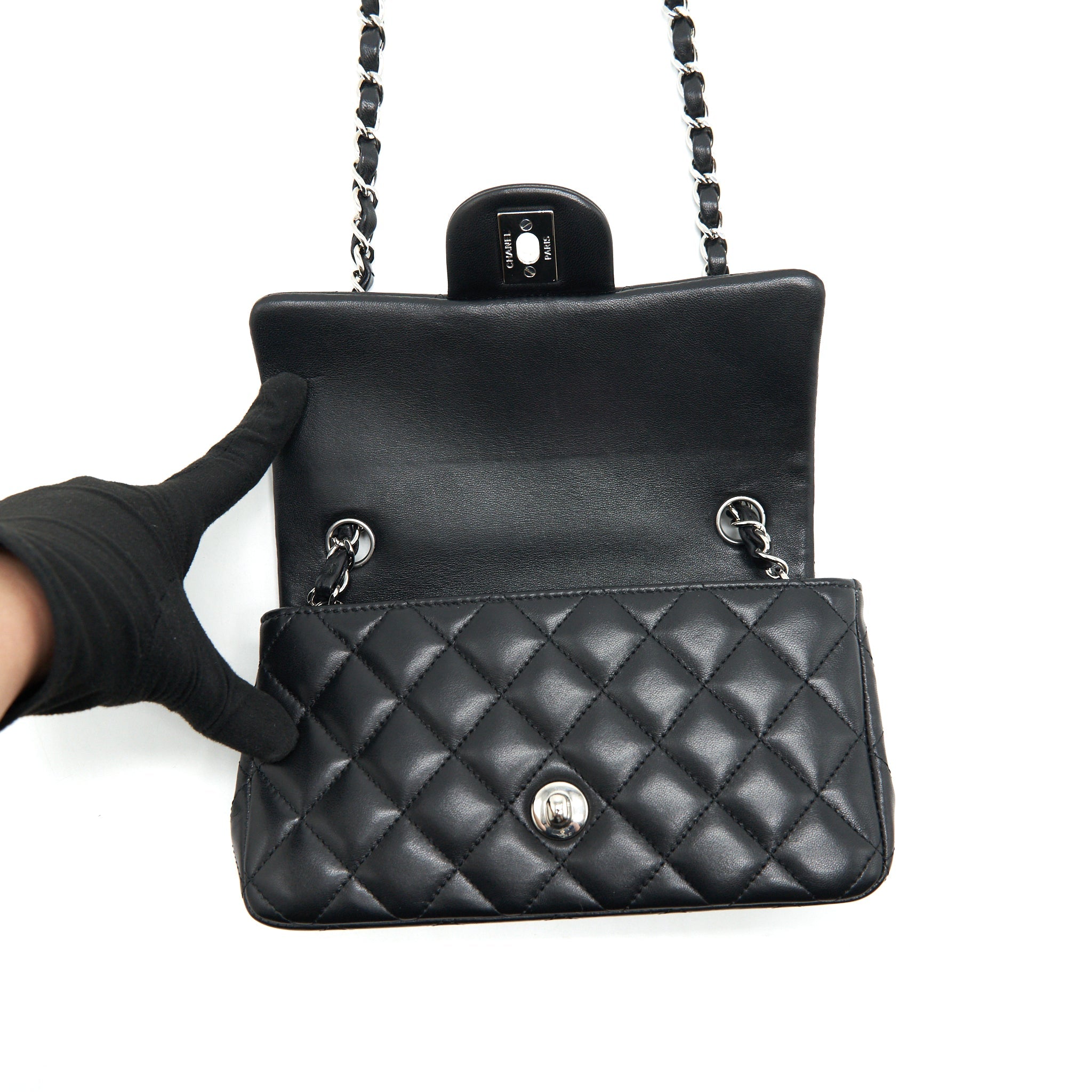 CHANEL MINI RECTANGULAR FLAP BAG LAMBSKIN BLACK SHW
