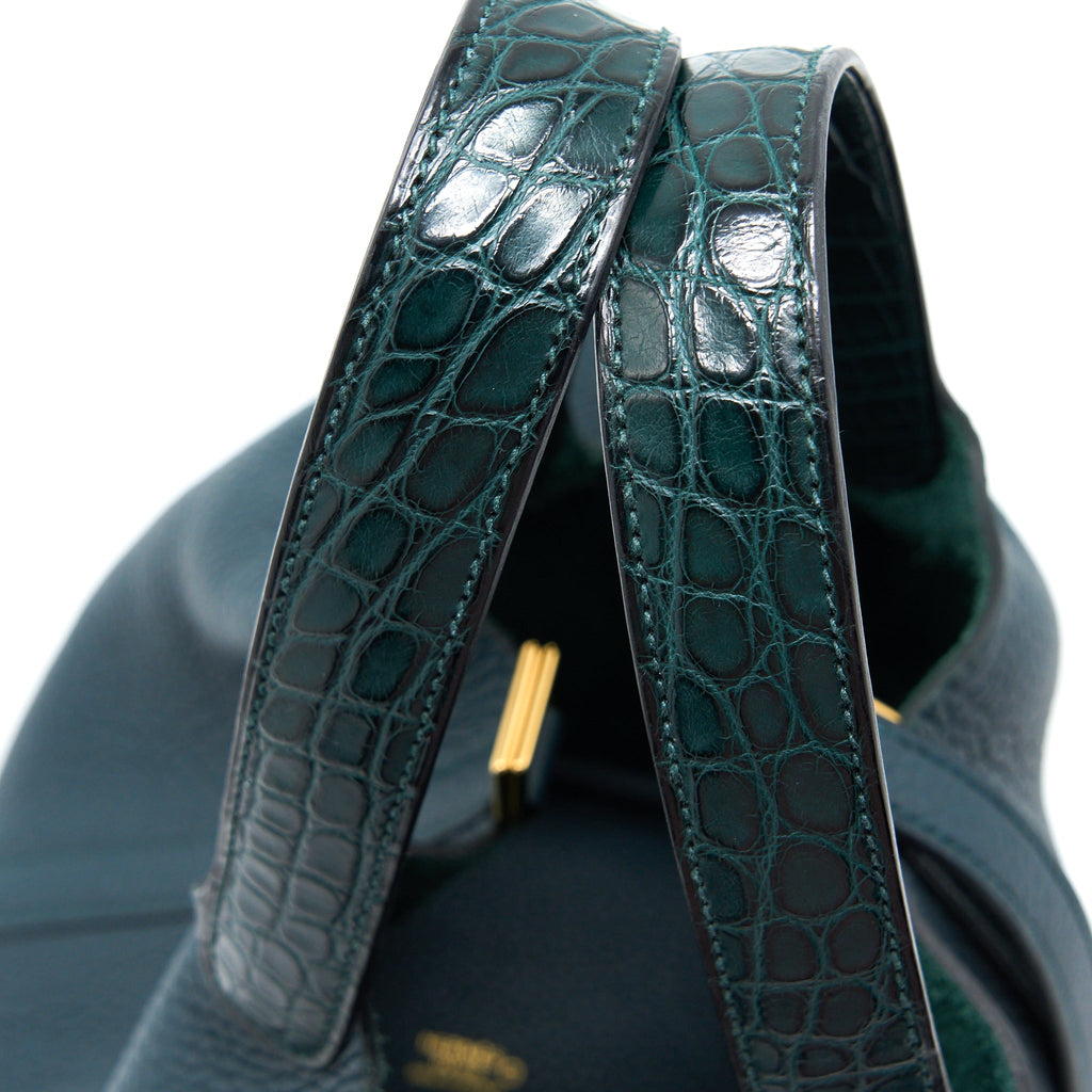 HERMES PICOTIN 18 TOUCH CLEMENCE ALLIGATOR MISSISSIPPIENSIS MAT VERT CYPRES GHW
