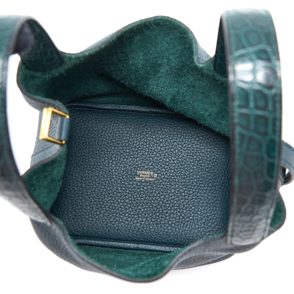 HERMES PICOTIN 18 TOUCH CLEMENCE ALLIGATOR MISSISSIPPIENSIS MAT VERT CYPRES GHW