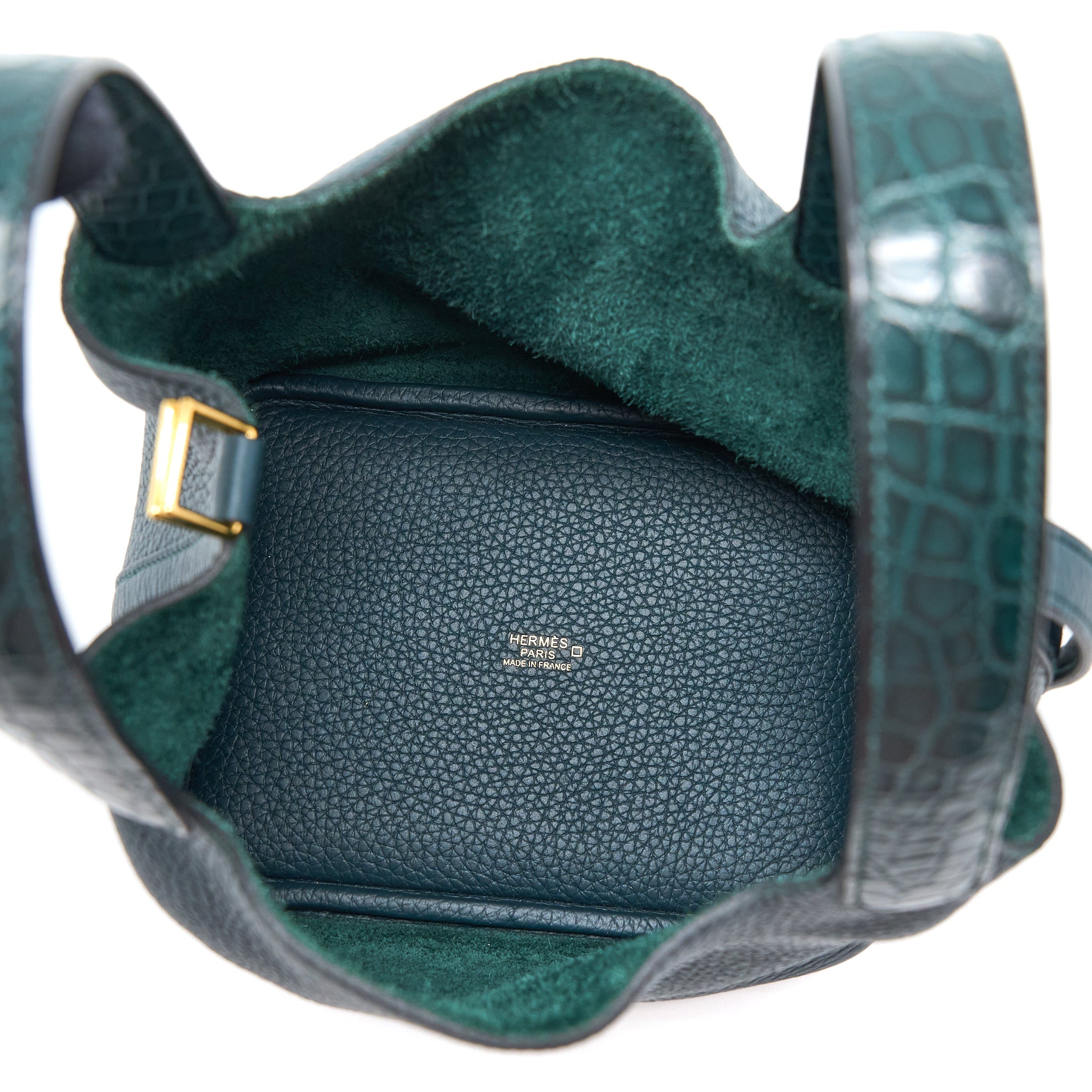 HERMES PICOTIN 18 TOUCH CLEMENCE ALLIGATOR MISSISSIPPIENSIS MAT VERT CYPRES GHW