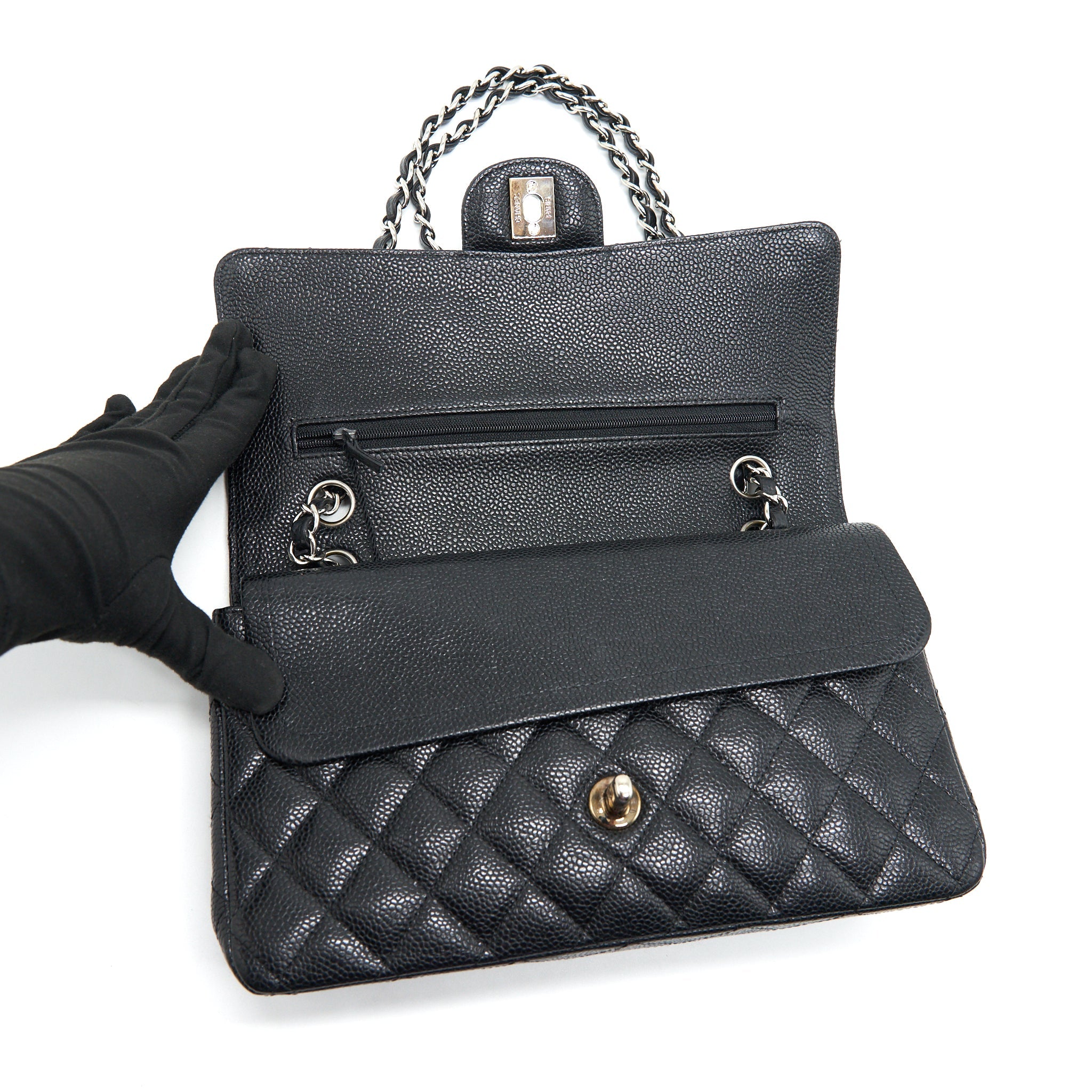 CHANEL MEDIUM CLASSIC DOUBLE FLAP CAVIAR BLACK SHW SERIAL 12