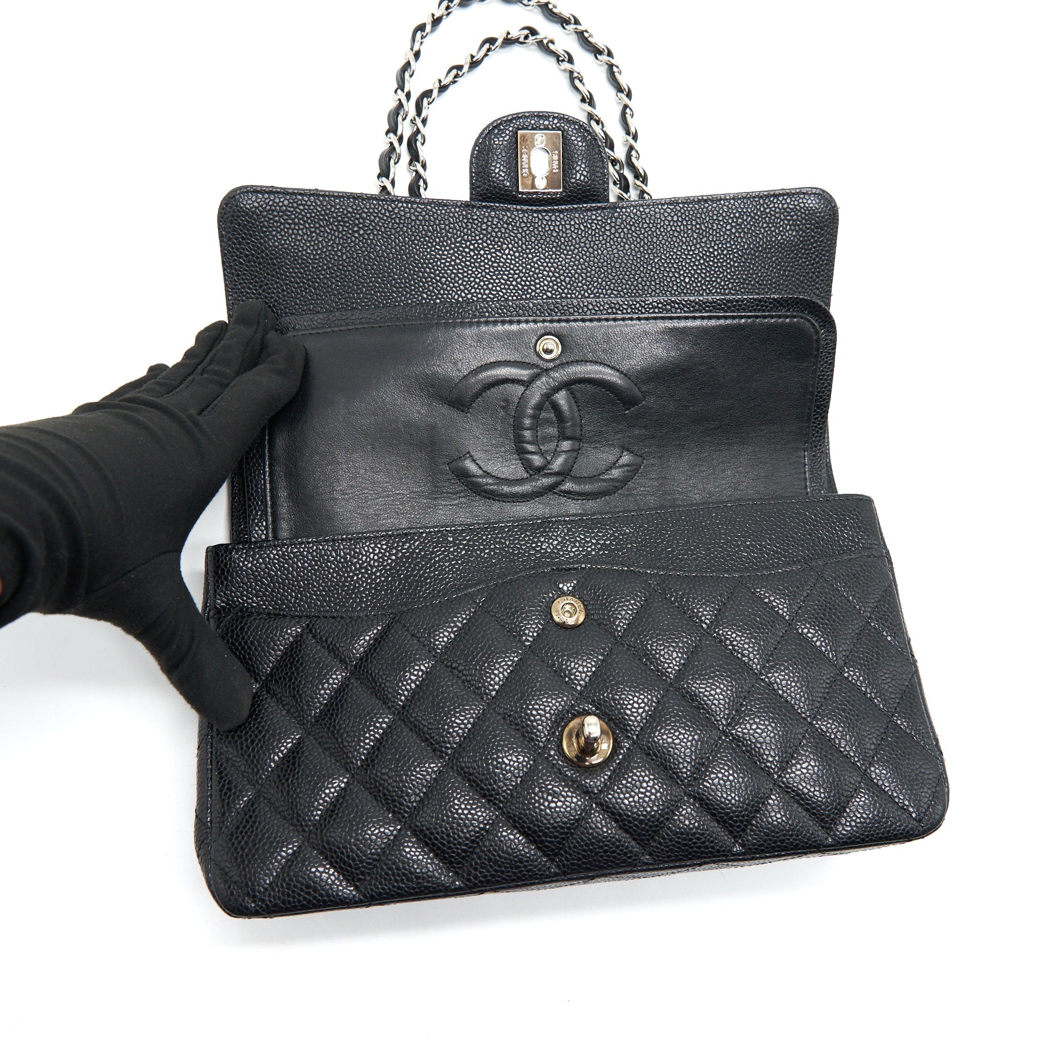 CHANEL MEDIUM CLASSIC DOUBLE FLAP CAVIAR BLACK SHW SERIAL 12