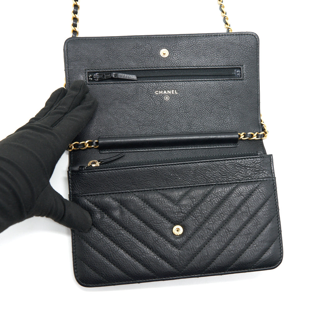 CHANEL CHEVRON WALLET ON CHAIN BLACK GHW CALFSKIN