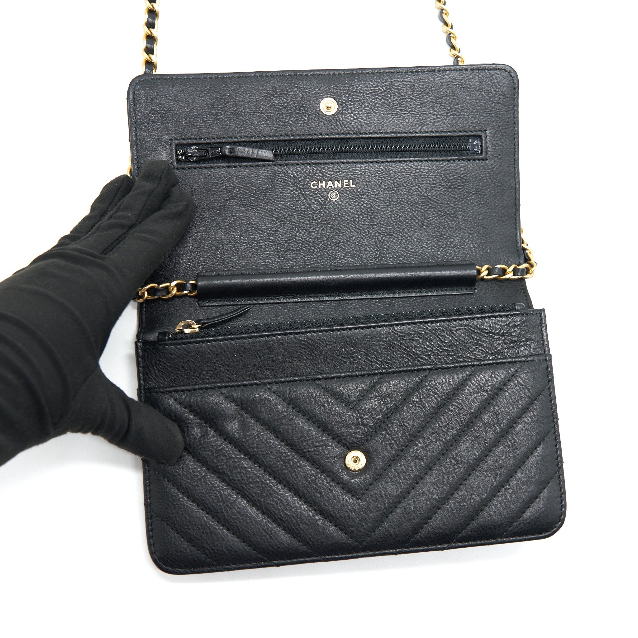 CHANEL CHEVRON WALLET ON CHAIN BLACK GHW CALFSKIN