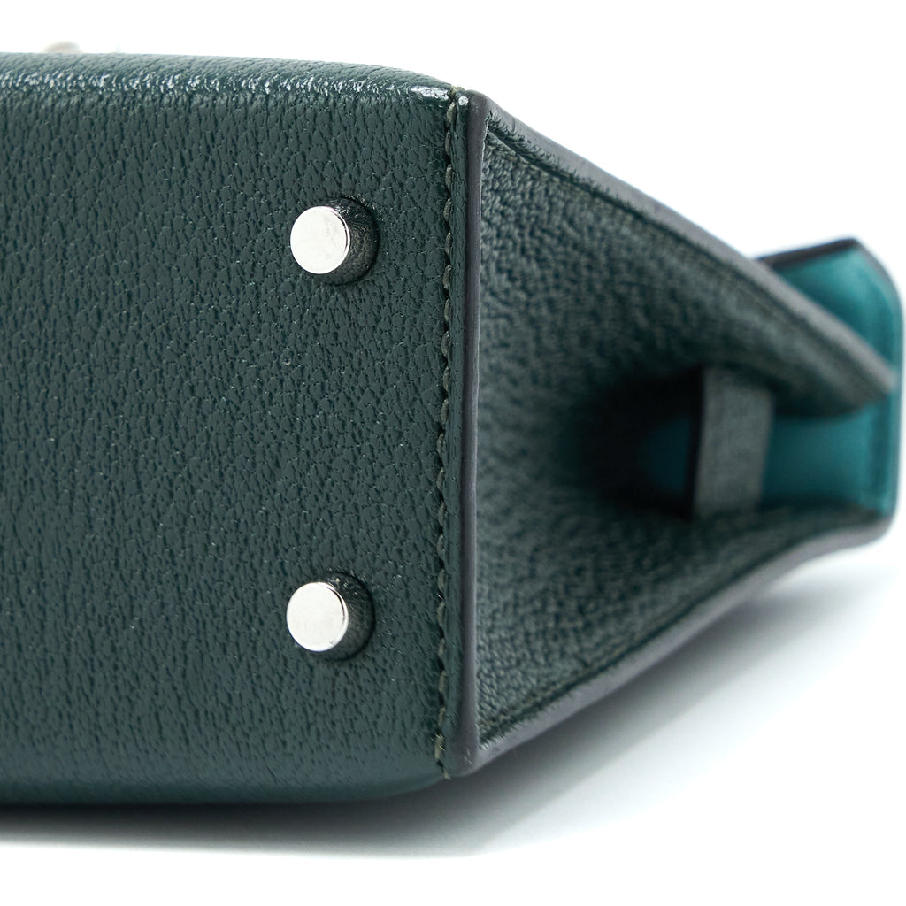 HERMES MINI KELLY II CHEVRE MYSORE VERT TITIEN/BLEU ATOLL SHW