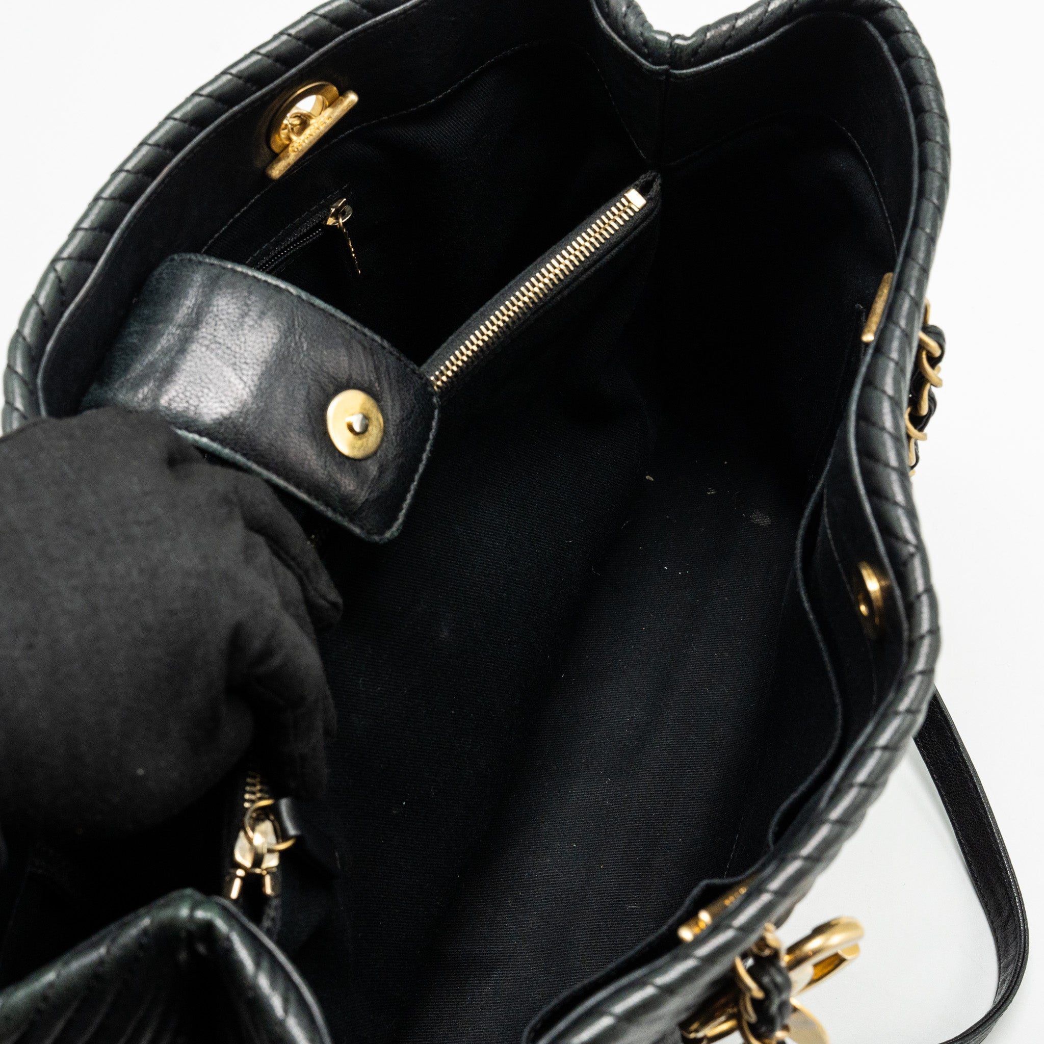 CHANEL CHEVRON SHOPPING TOTE BAG GOATSKIN BLACK GHW