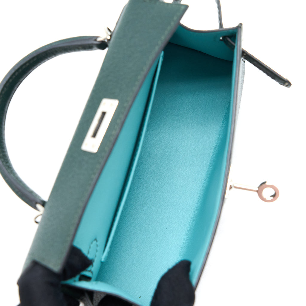 HERMES MINI KELLY II CHEVRE MYSORE VERT TITIEN/BLEU ATOLL SHW