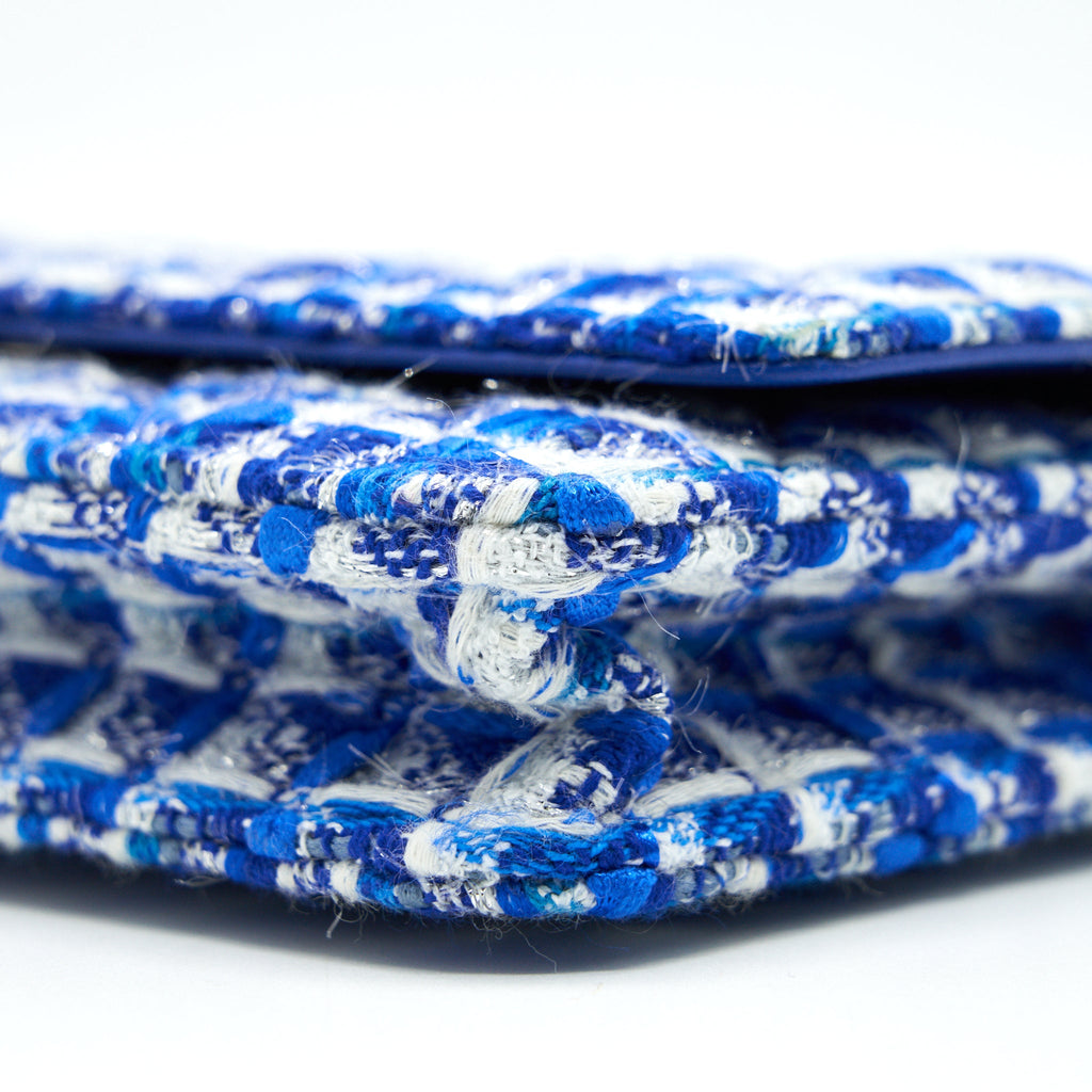 CHANEL TWEED QUILTED WALLET ON CHAIN WOC BLUE