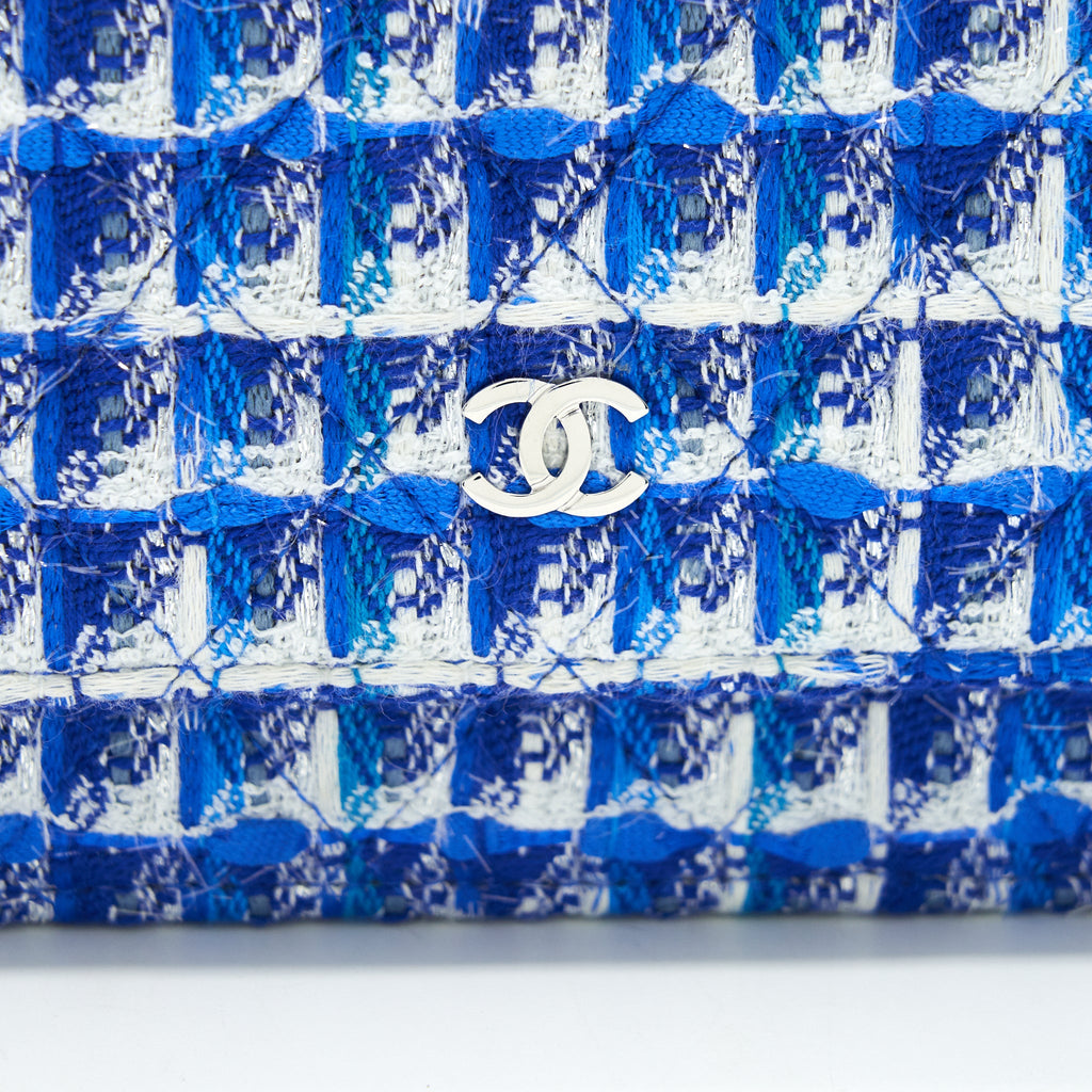 CHANEL TWEED QUILTED WALLET ON CHAIN WOC BLUE