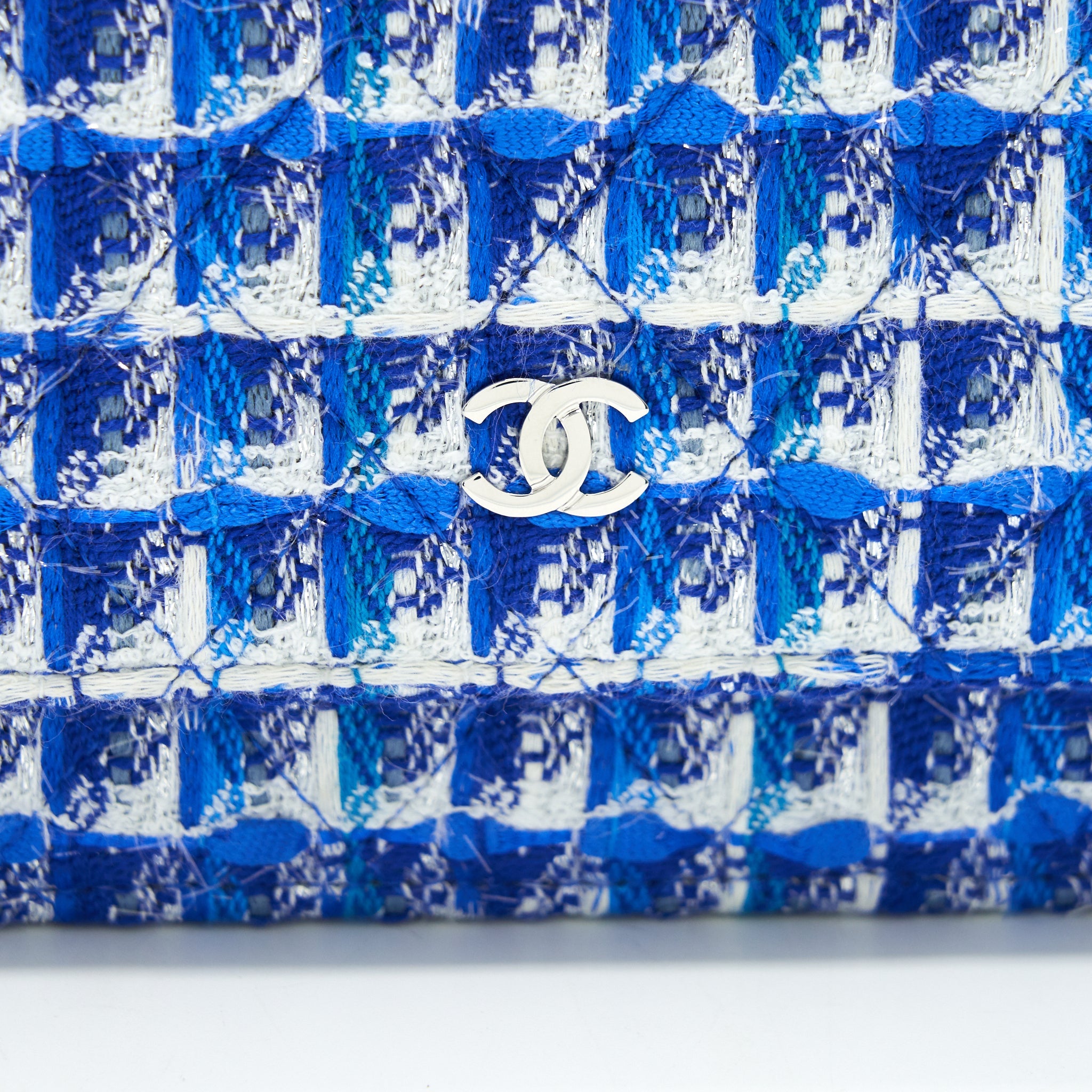 CHANEL TWEED QUILTED WALLET ON CHAIN WOC BLUE
