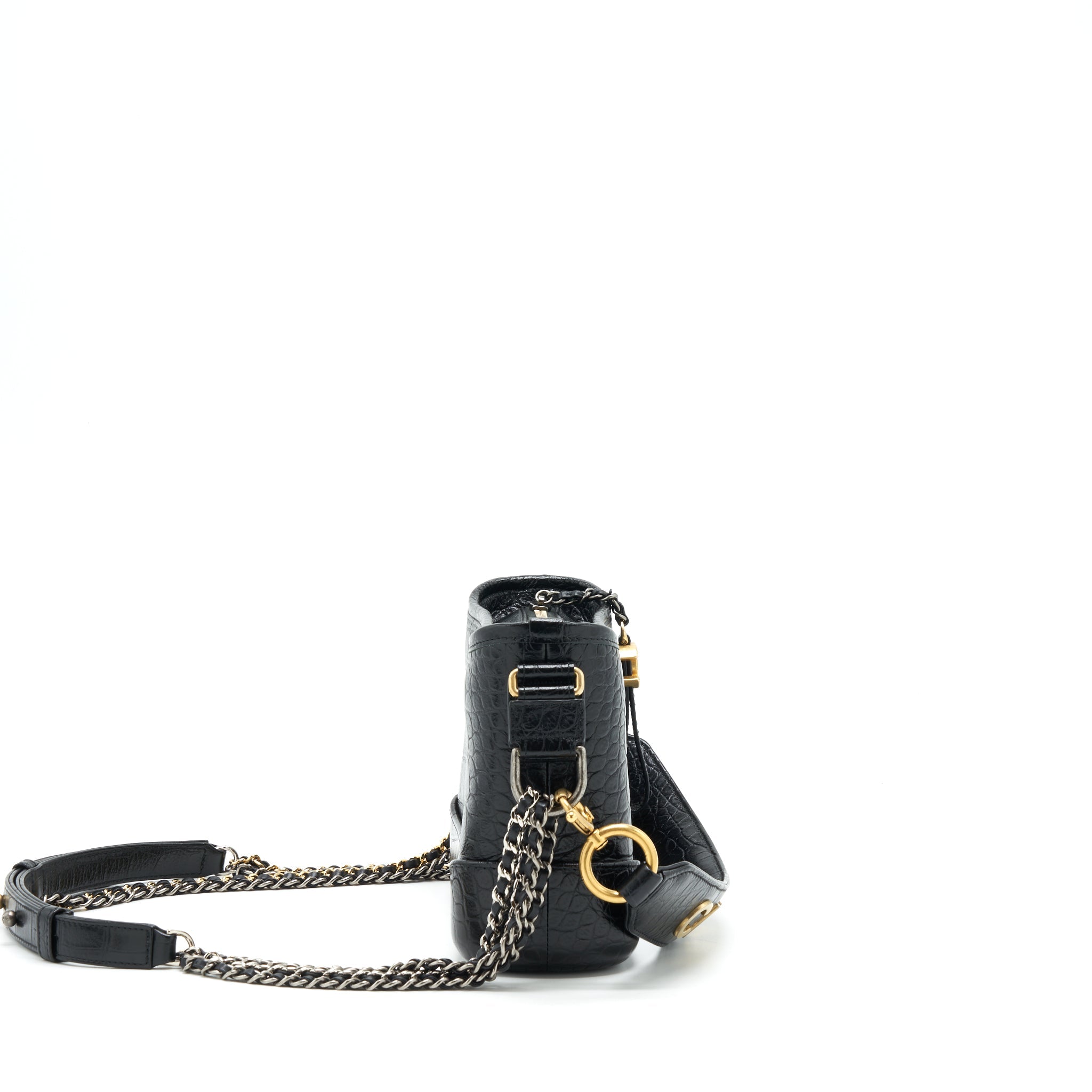 CHANEL SMALL GABRIELLE HOBO BAG WITH HANDLE CROC-EMBOSSED CALFSKIN BLACK GOLD/SILVER HARDWARE