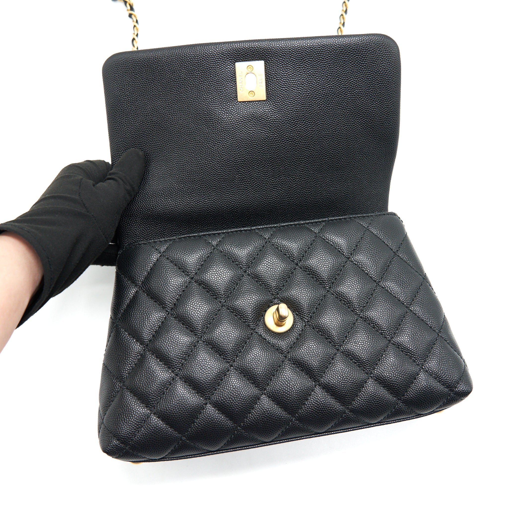 CHANEL MINI COCO HANDLE FLAP CAVIAR IN BLACK GHW