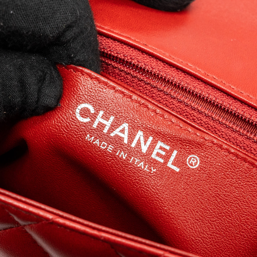 CHANEL MINI SQUARE FLAP BAG LAMBSKIN RED BLACK HARDWARE