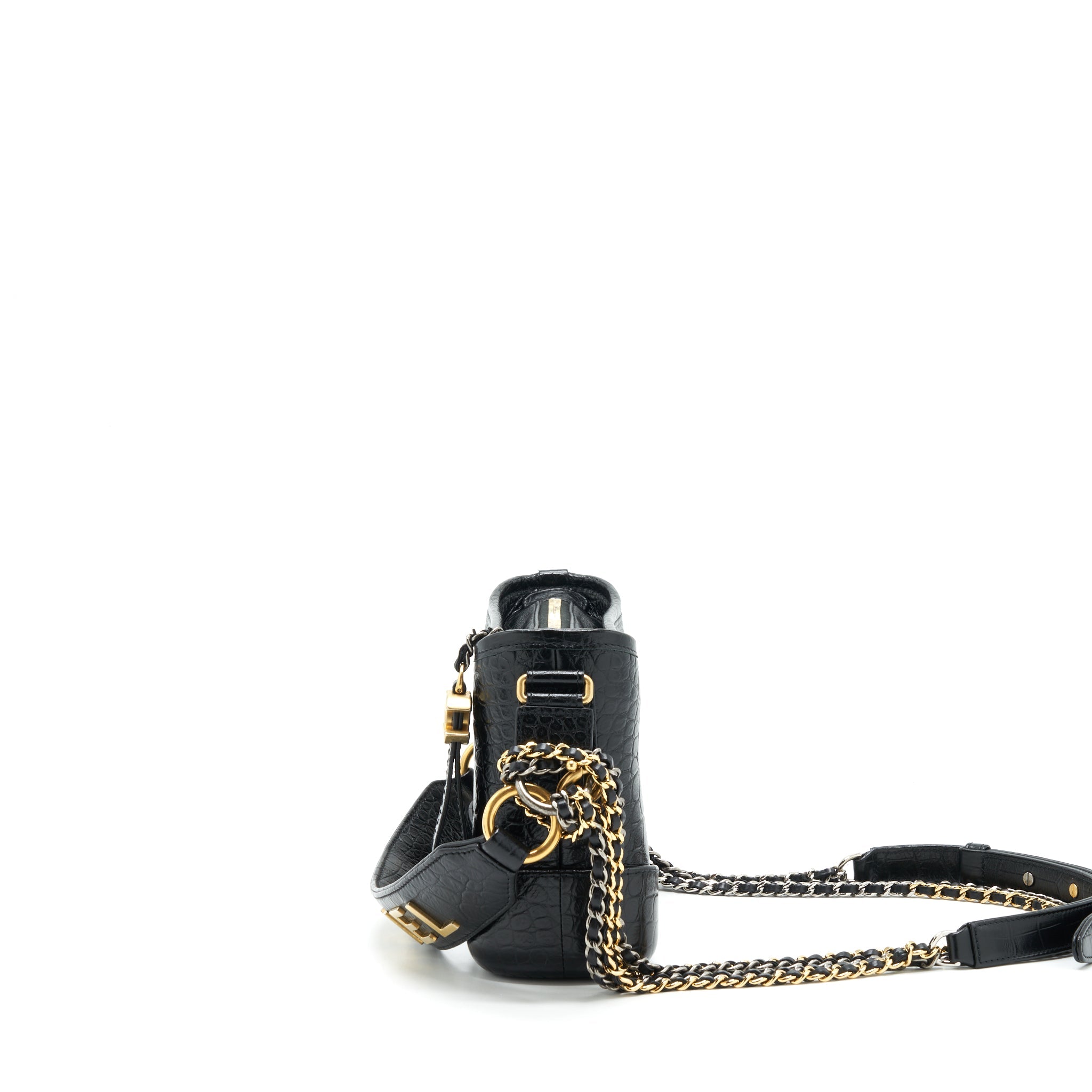 CHANEL SMALL GABRIELLE HOBO BAG WITH HANDLE CROC-EMBOSSED CALFSKIN BLACK GOLD/SILVER HARDWARE