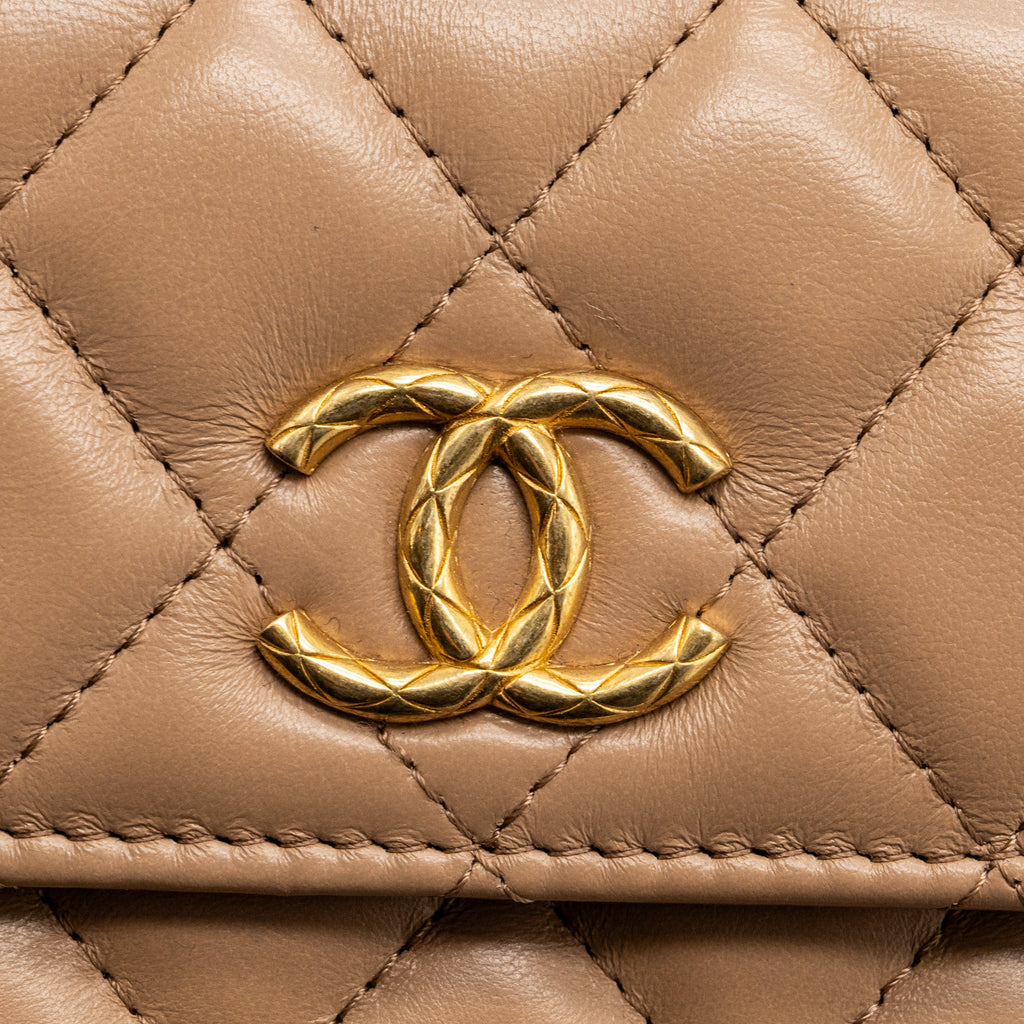 CHANEL 22K GOLD PILLAR MINI FLAP BAG LAMBSKIN DARK BEIGE GHW (MICROCHIP)